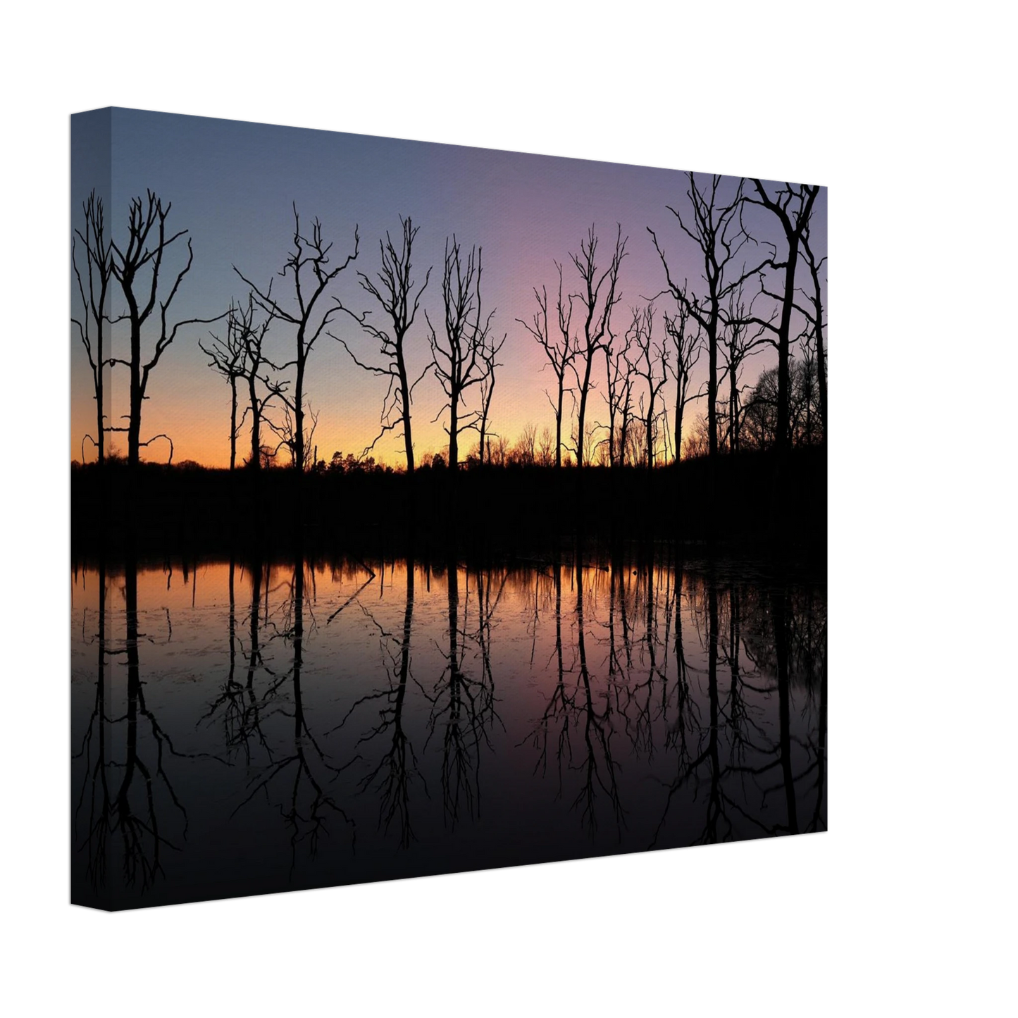 Wandbild sonnenuntergang ueber spiegelndem see magische naturlandschaft mit silhouetten