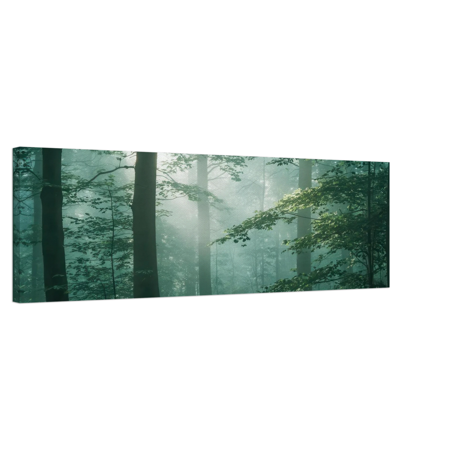 Wandbild mystischer smaragd wald mit sonnenstrahlen beruhigende nebelwald kunst in ihrer wunschgroesse