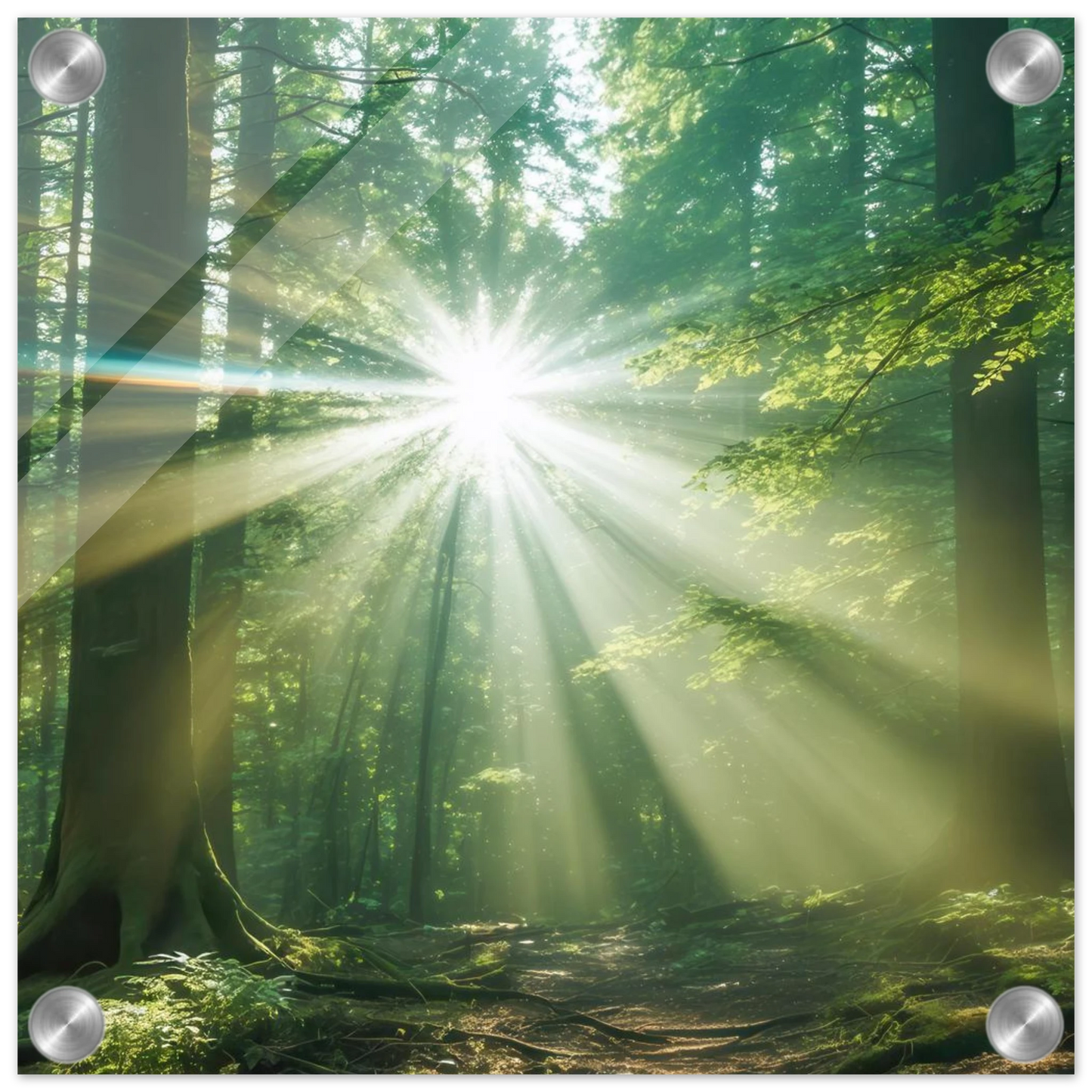 Wandbild sonnenstrahlen im wald mystisches waldlicht kunstdruck in ihrer wunschgroesse