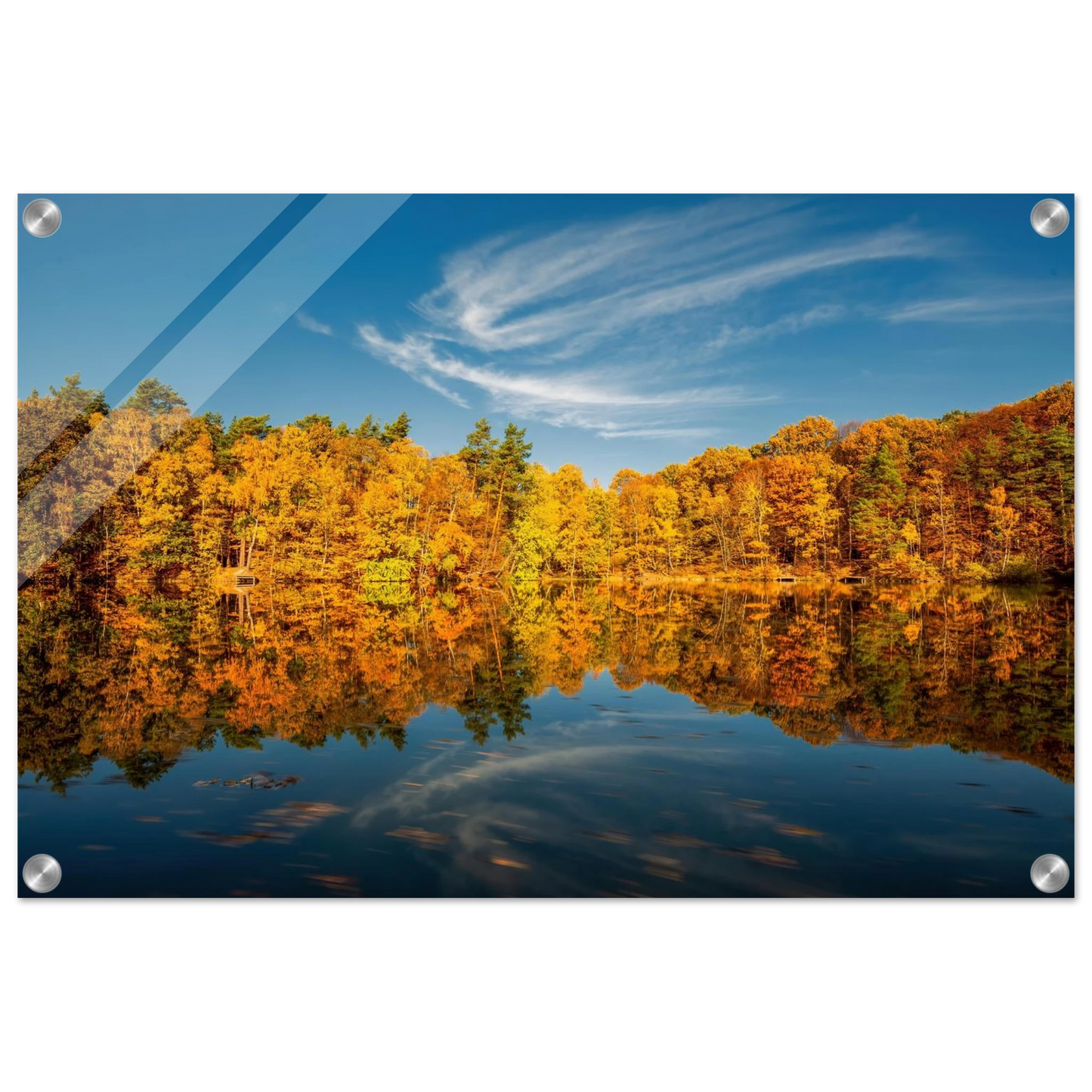 Wandbild herbstliche see symphonie atemberaubende waldspiegelung an einem sonnigen herbsttag