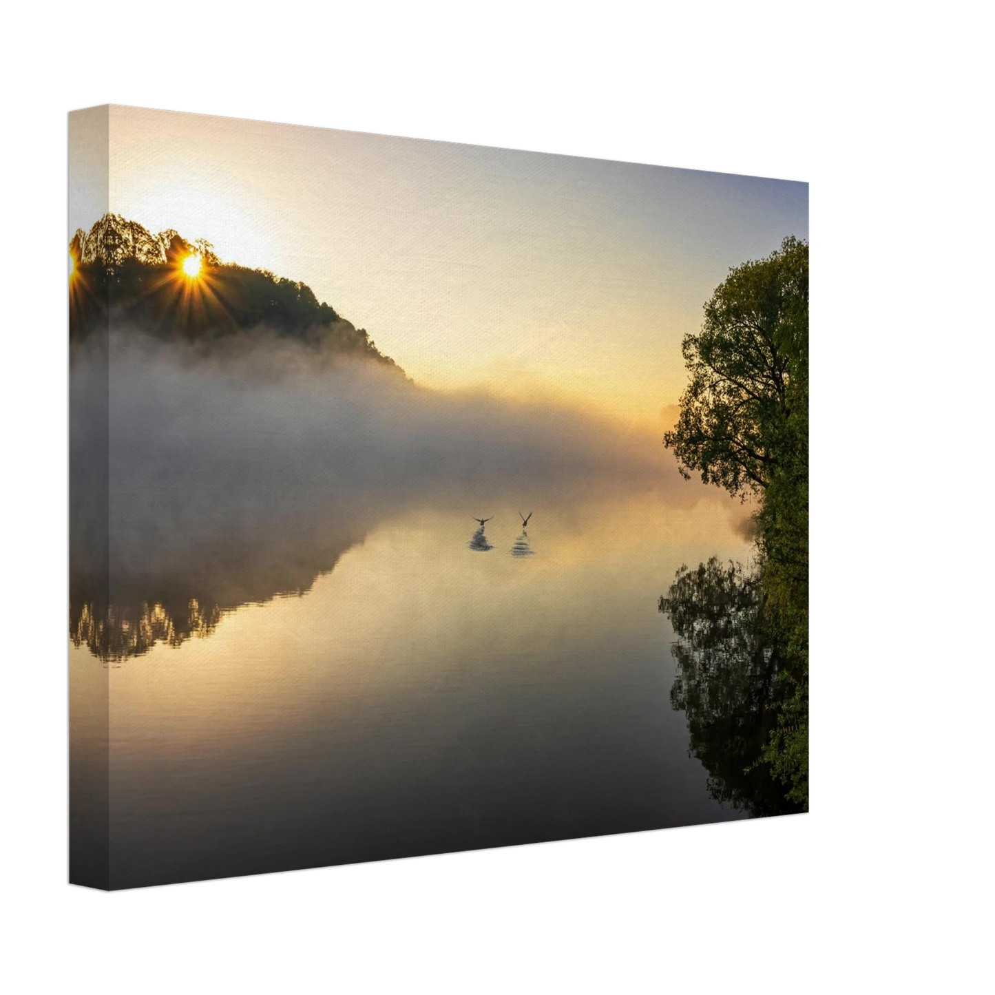 Wandbild mystischer sonnenaufgang ueber dem nebelmeer stille wasser voegel leinwandbild fuer ihr zuhause