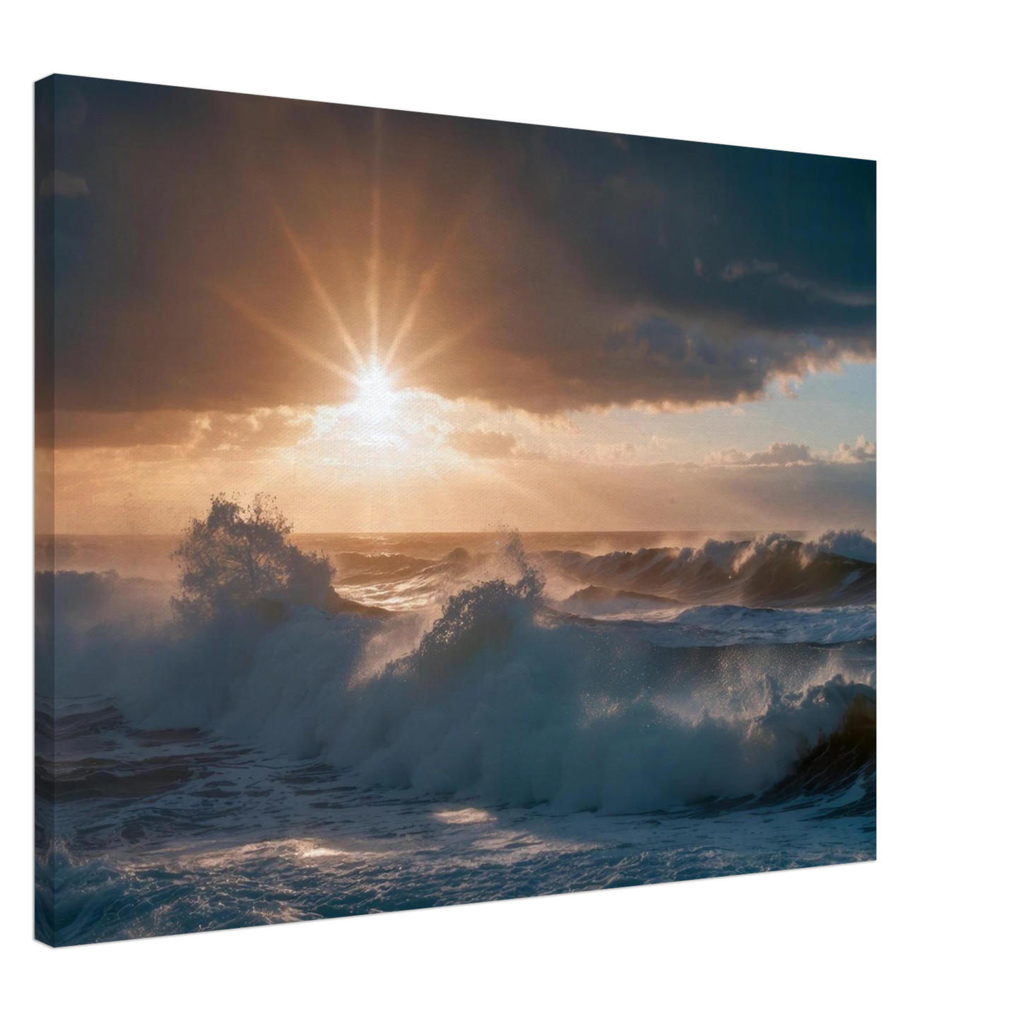 Wandbild dramatischer sonnenuntergang ueber stuermischen wellen ozean leinwanddruck in ihrer wunschgroesse