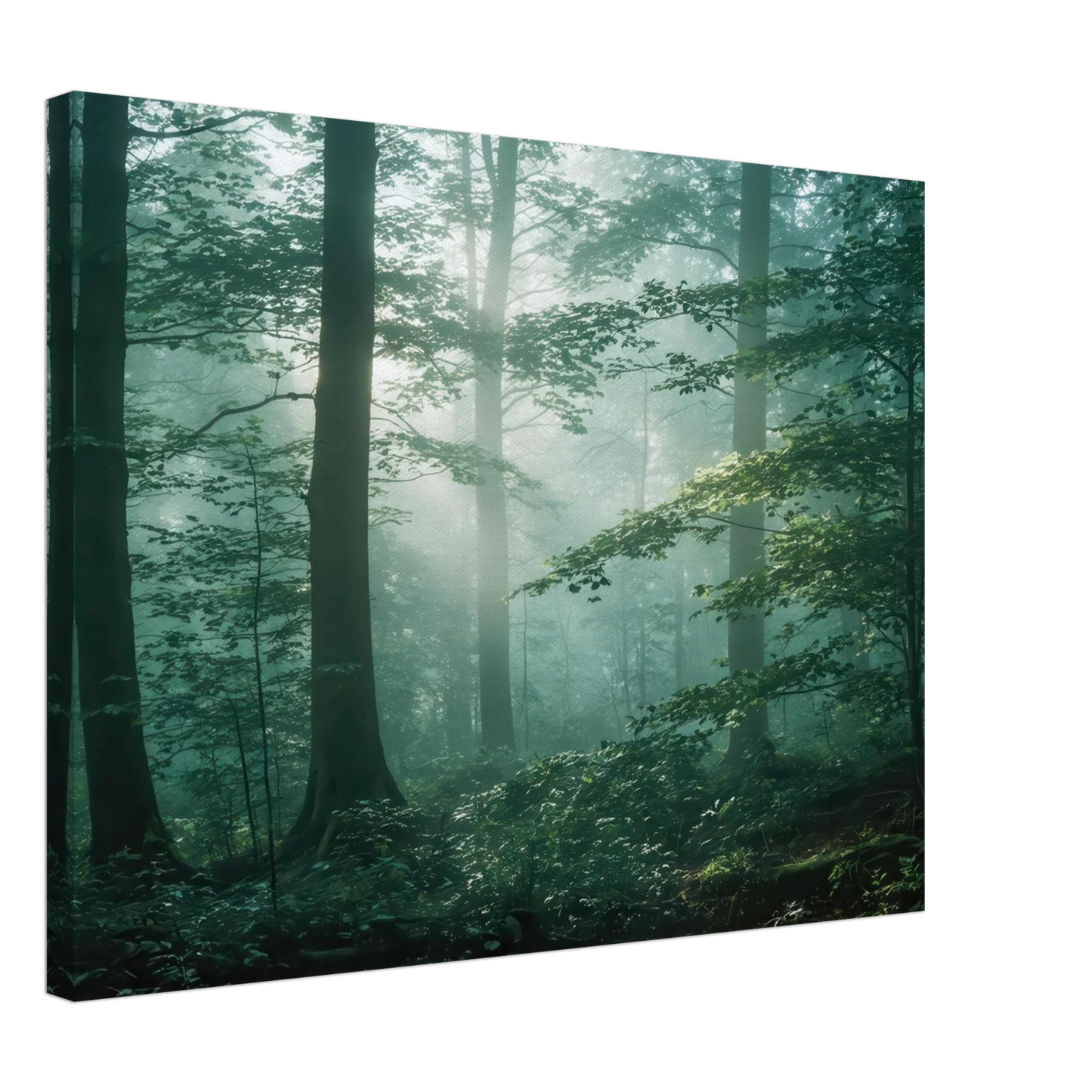 Wandbild mystischer smaragd wald mit sonnenstrahlen beruhigende nebelwald kunst in ihrer wunschgroesse