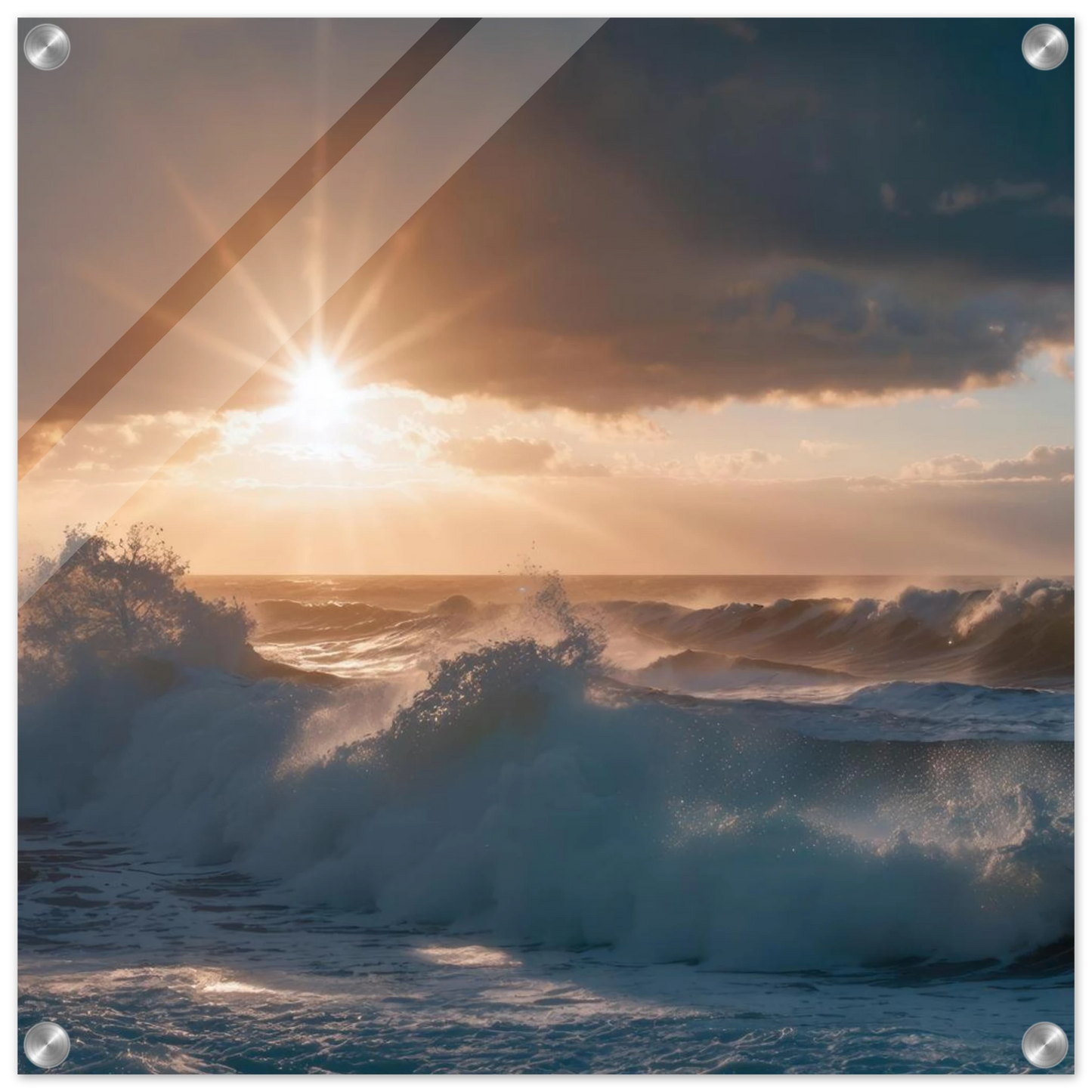 Wandbild dramatischer sonnenuntergang ueber stuermischen wellen ozean leinwanddruck in ihrer wunschgroesse