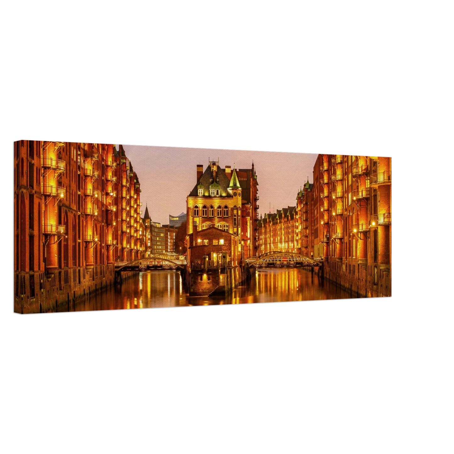 Wandbild speicherstadt hamburg bei daemmerung atmosphaerisches stadtbild als kunstdruck in ihrer wunschgroesse