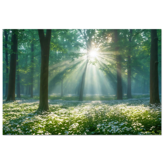 Wandbild mystischer wald sonnenstrahlen im gruenen bluetenmeer