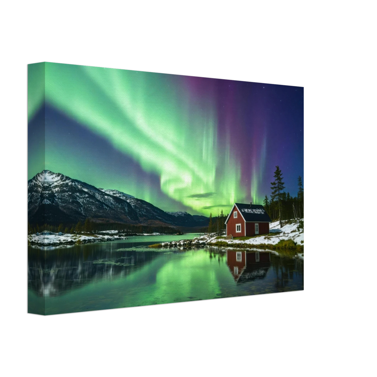 Wandbild nordlichter gemuetliche huette majestaetisches kunstwerk in lebendigen gruentoenen