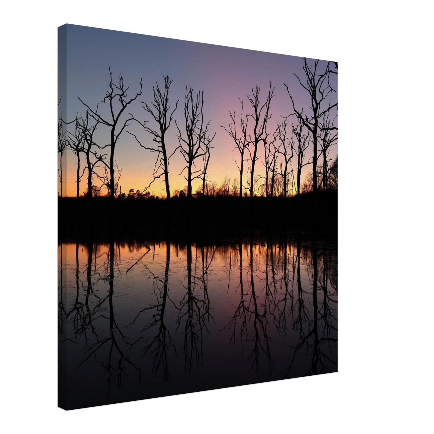 Wandbild sonnenuntergang ueber spiegelndem see magische naturlandschaft mit silhouetten