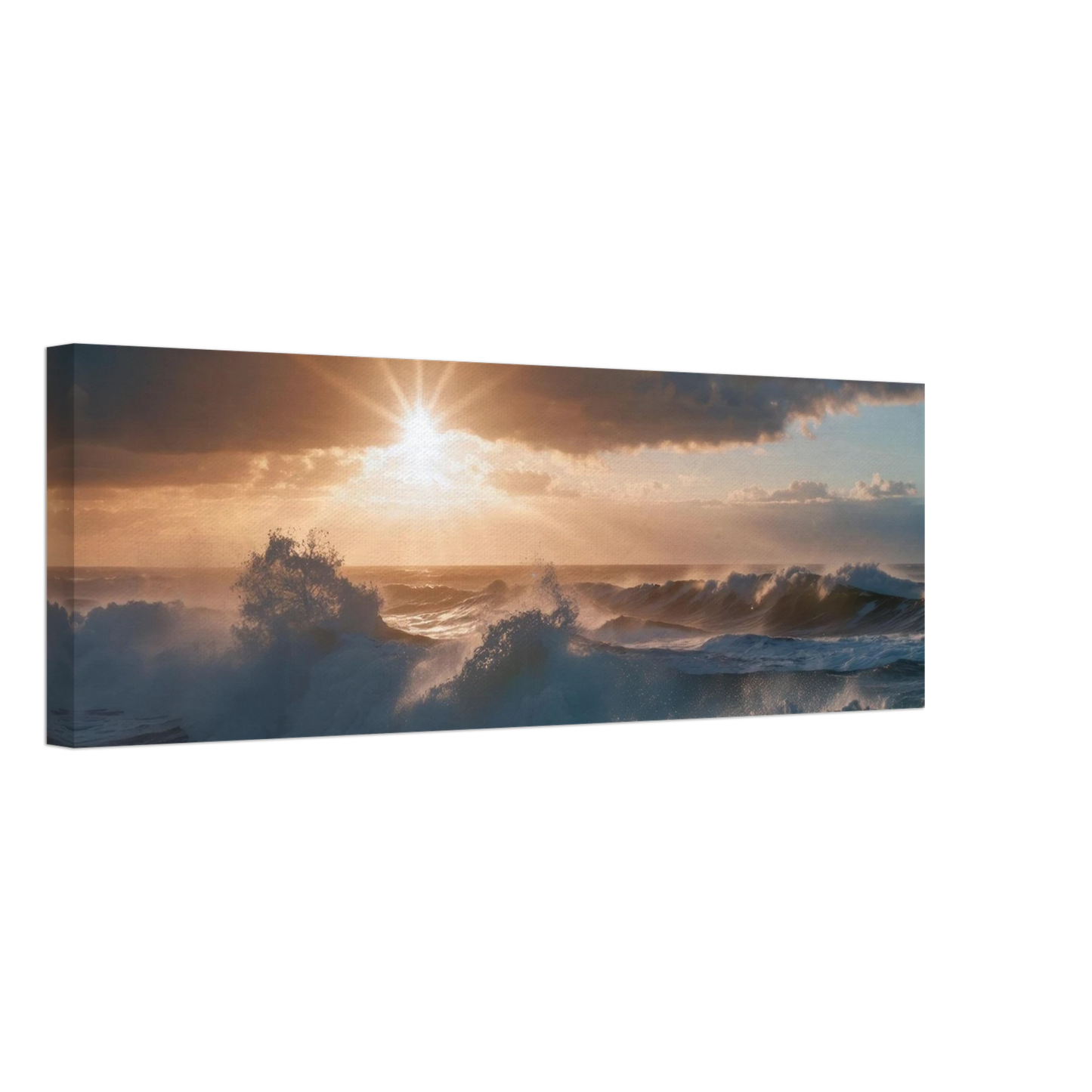 Wandbild dramatischer sonnenuntergang ueber stuermischen wellen ozean leinwanddruck in ihrer wunschgroesse