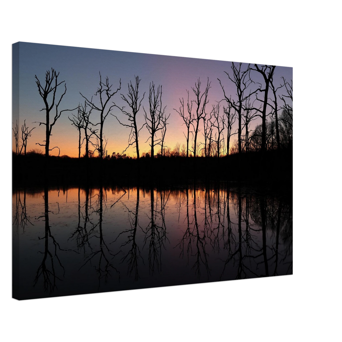 Wandbild sonnenuntergang ueber spiegelndem see magische naturlandschaft mit silhouetten