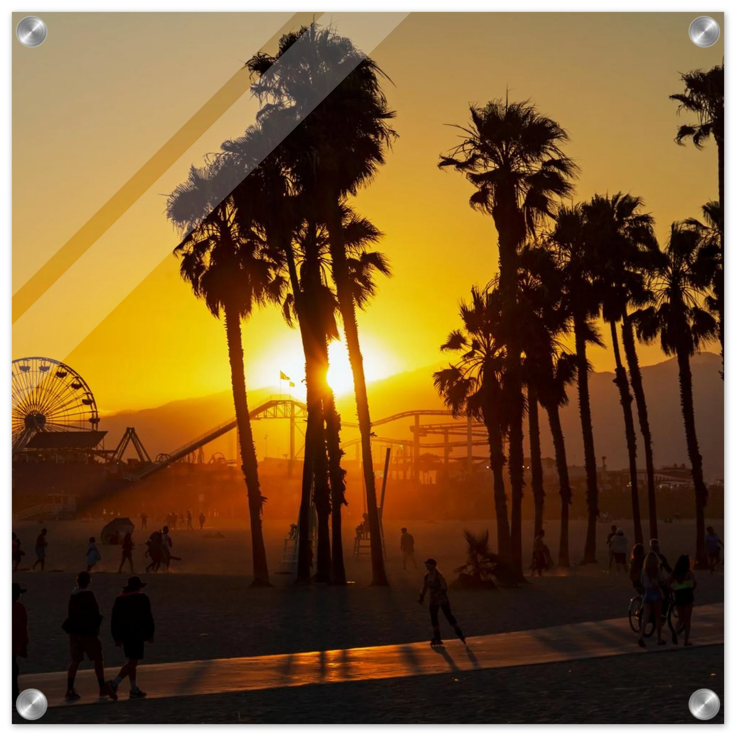 Wandbild sonnenuntergang am santa monica pier kalifornische palmen und riesenrad bei goldenem licht