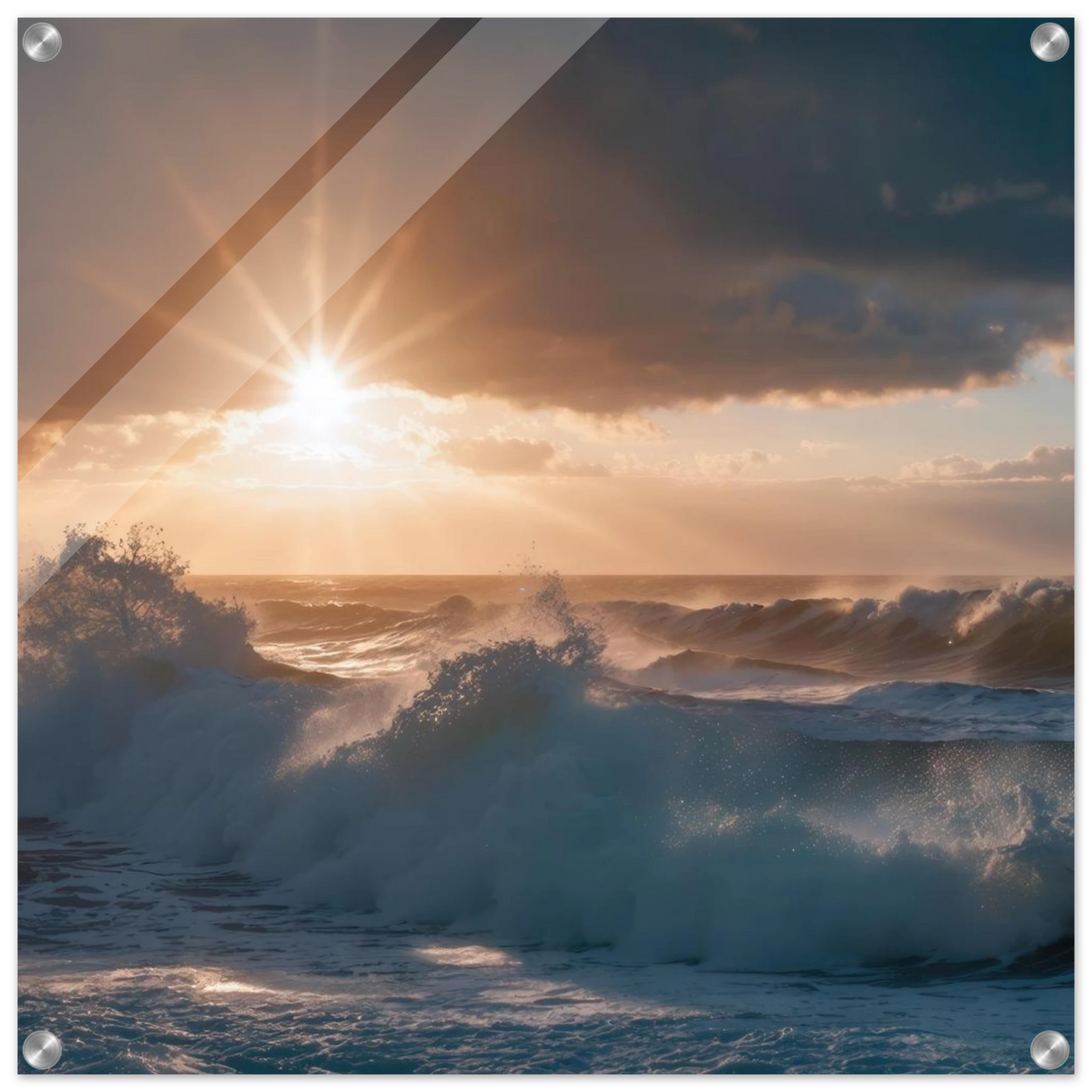 Wandbild dramatischer sonnenuntergang ueber stuermischen wellen ozean leinwanddruck in ihrer wunschgroesse
