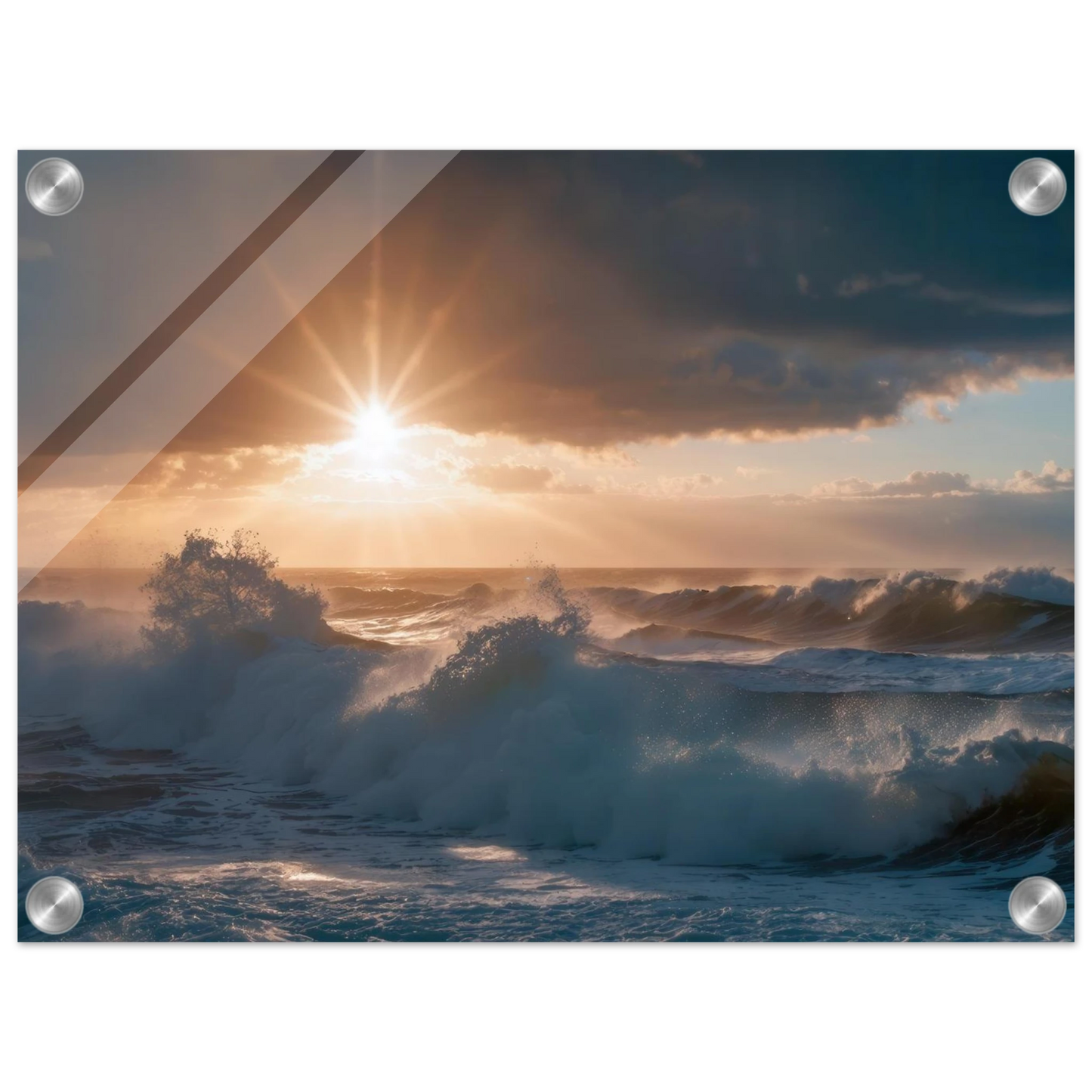 Wandbild dramatischer sonnenuntergang ueber stuermischen wellen ozean leinwanddruck in ihrer wunschgroesse