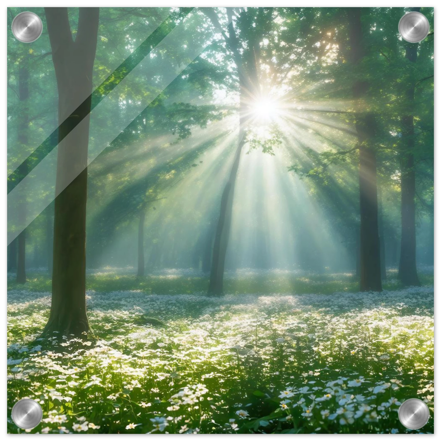 Wandbild mystischer wald sonnenstrahlen im gruenen bluetenmeer