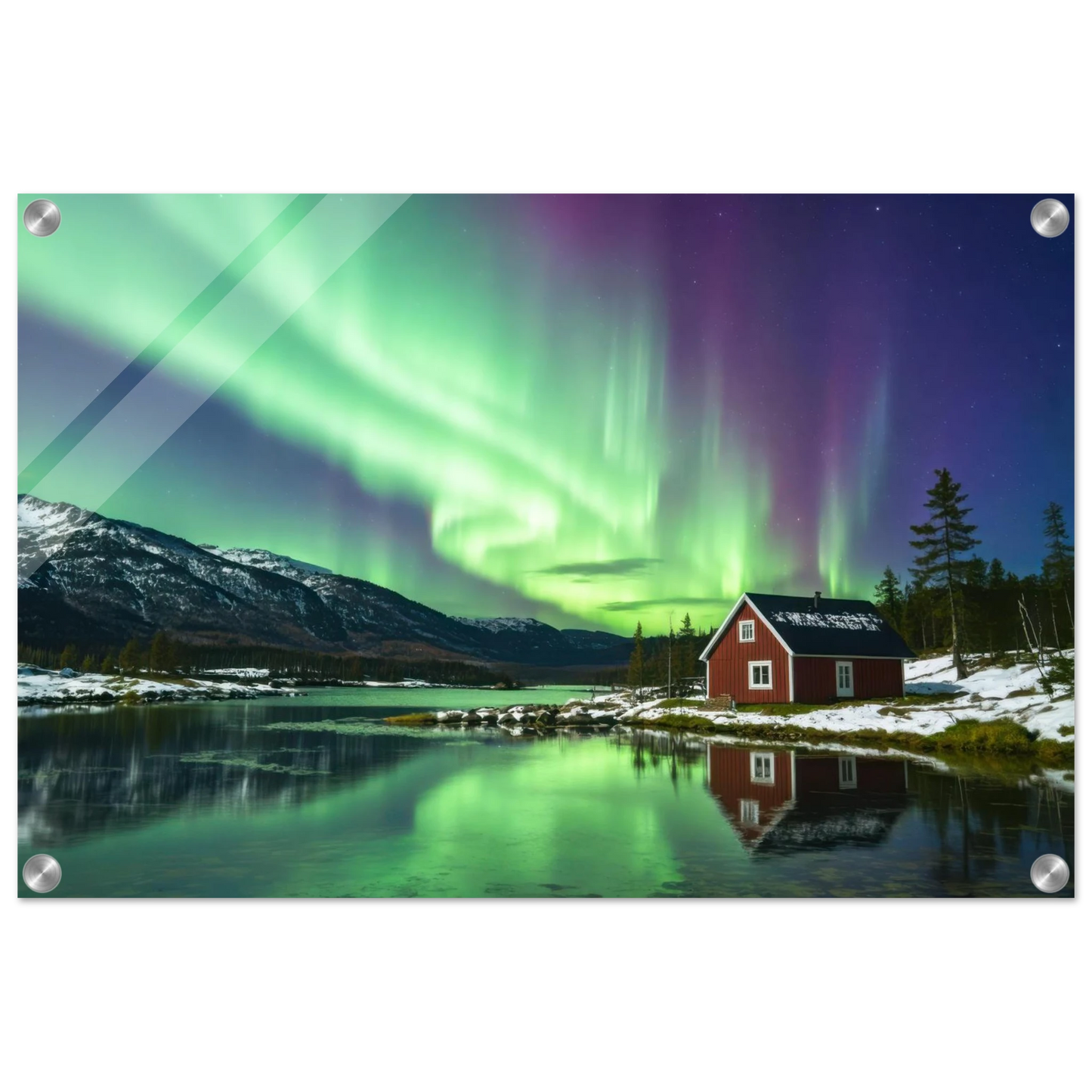 Wandbild nordlichter gemuetliche huette majestaetisches kunstwerk in lebendigen gruentoenen