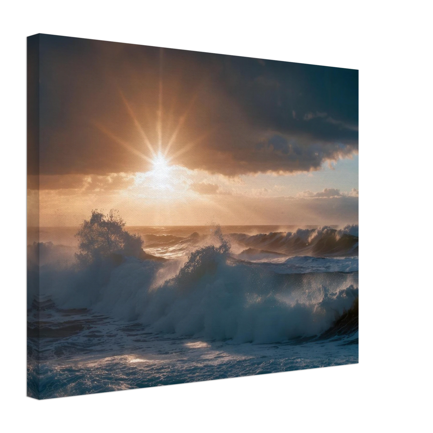 Wandbild dramatischer sonnenuntergang ueber stuermischen wellen ozean leinwanddruck in ihrer wunschgroesse