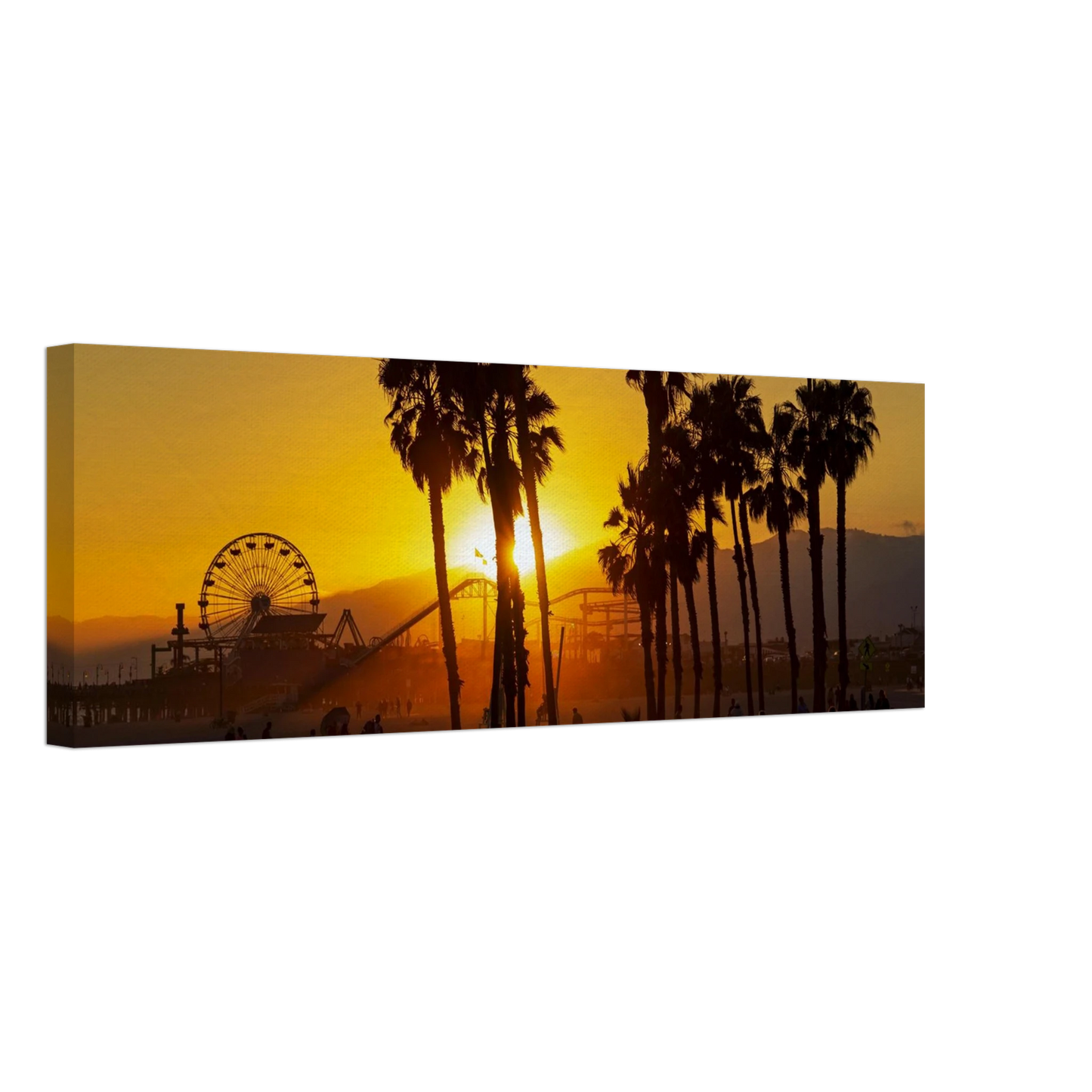 Wandbild sonnenuntergang am santa monica pier kalifornische palmen und riesenrad bei goldenem licht