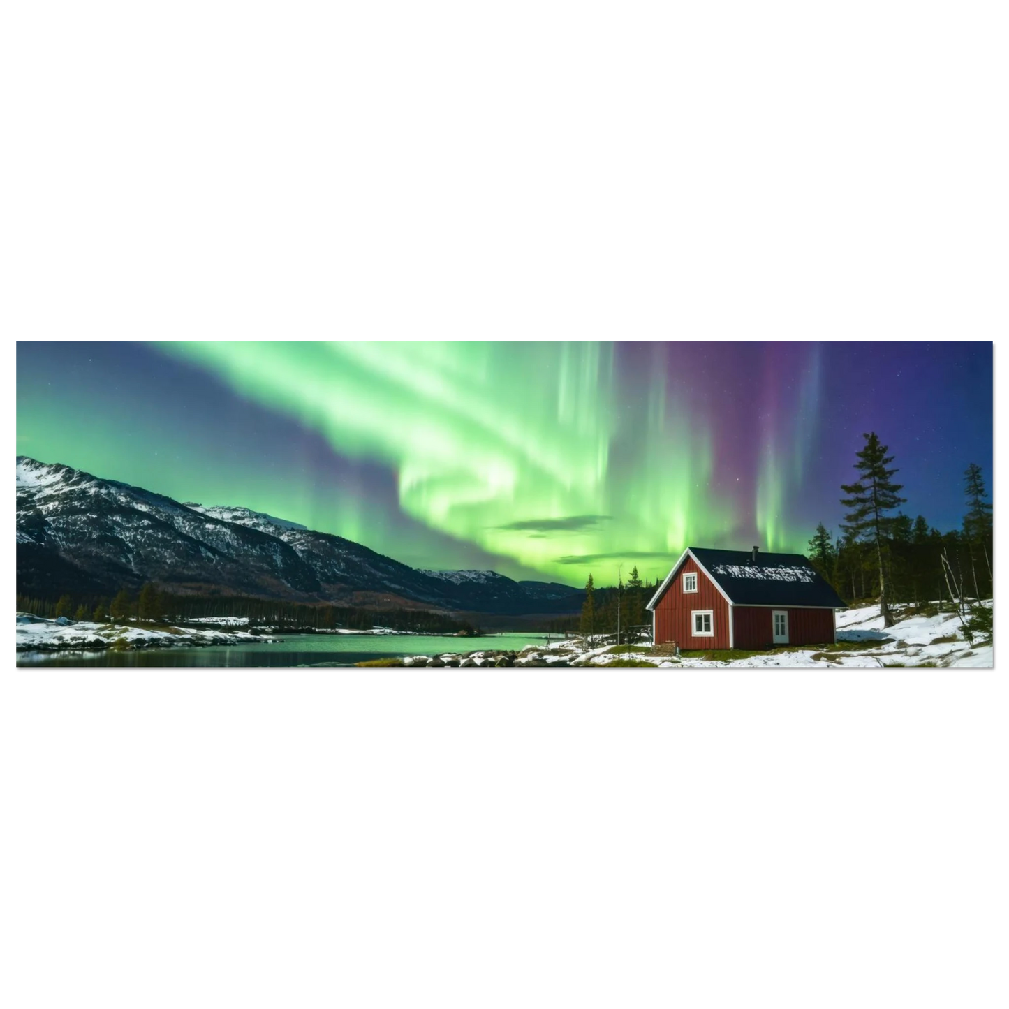 Wandbild nordlichter gemuetliche huette majestaetisches kunstwerk in lebendigen gruentoenen