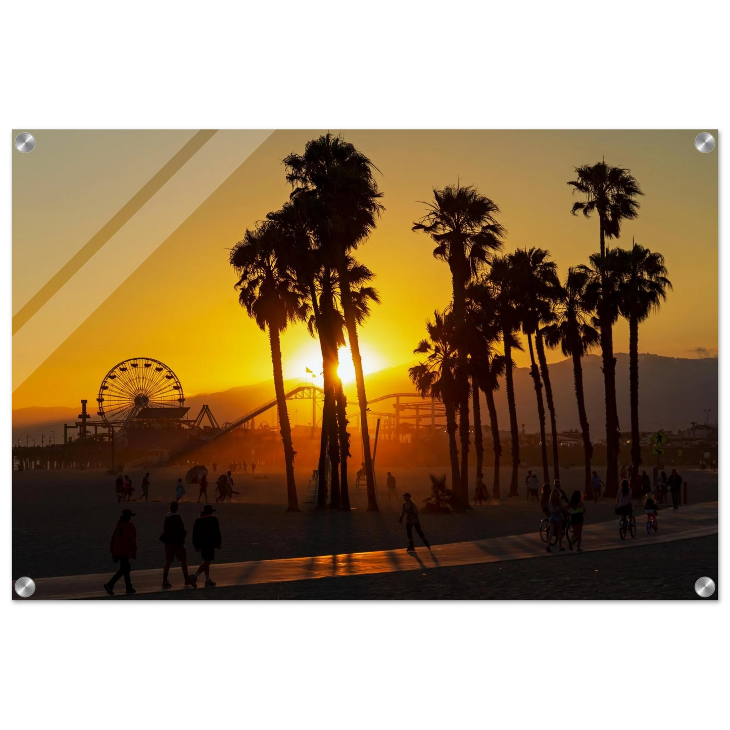 Wandbild sonnenuntergang am santa monica pier kalifornische palmen und riesenrad bei goldenem licht
