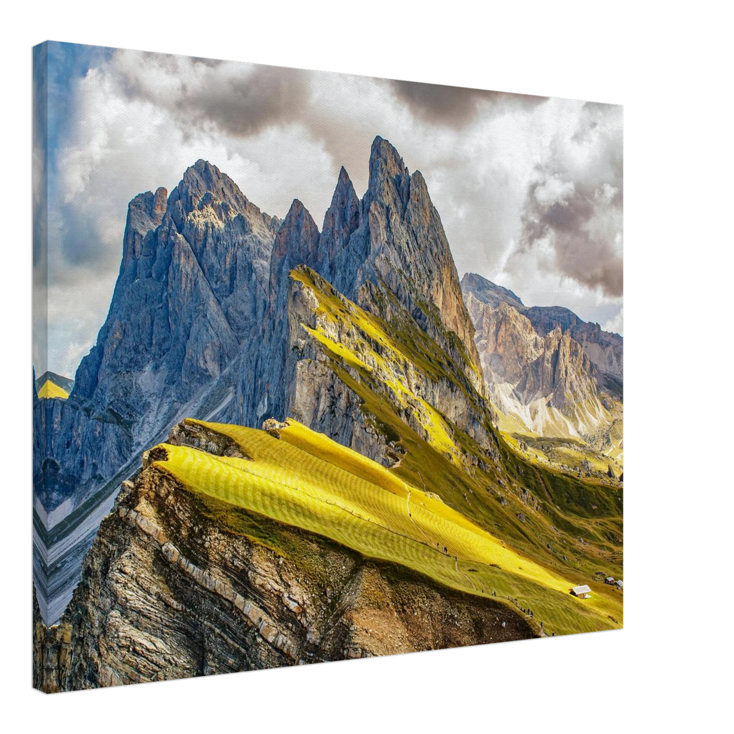 Wandbild seceda alpenglanz atemberaubende dolomiten landschaft mit leuchtenden grashaengen