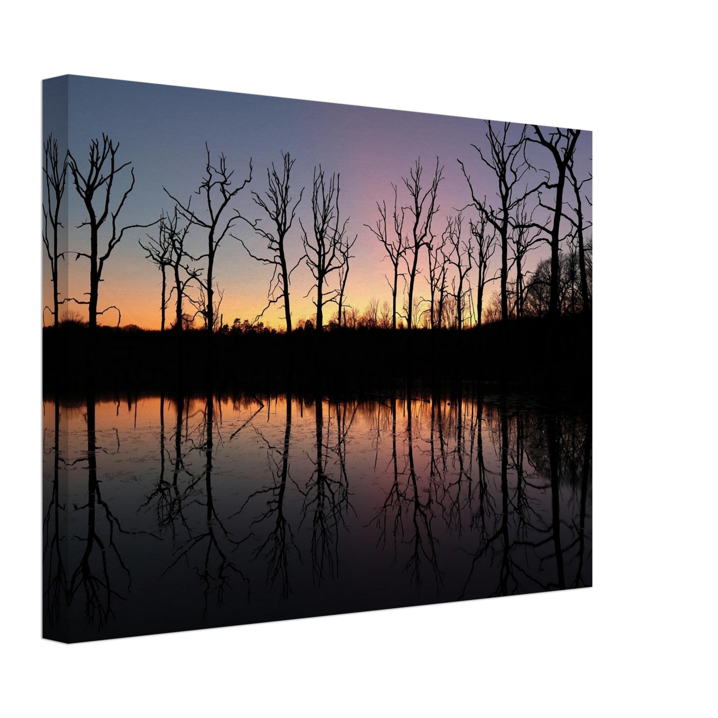 Wandbild sonnenuntergang ueber spiegelndem see magische naturlandschaft mit silhouetten