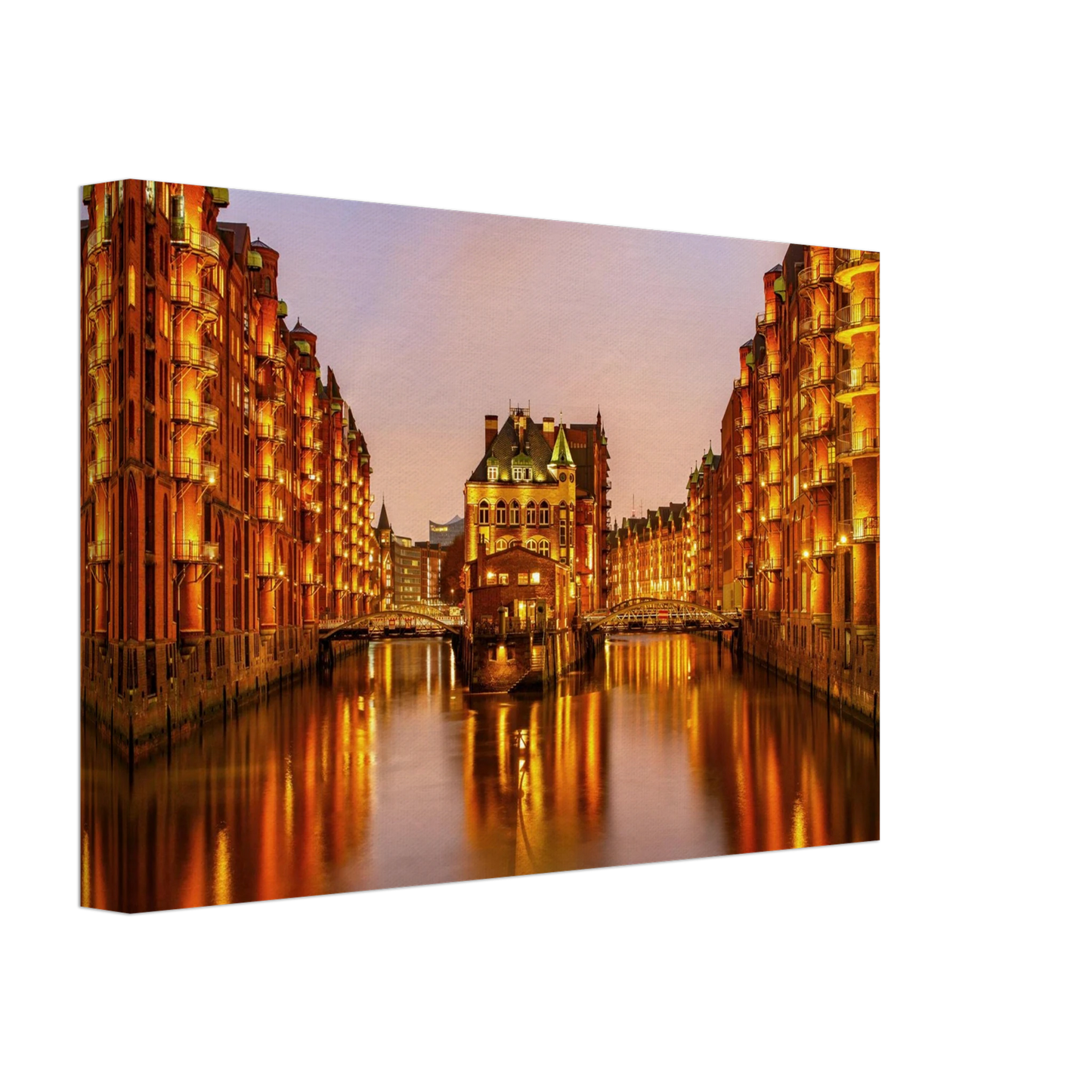 Wandbild speicherstadt hamburg bei daemmerung atmosphaerisches stadtbild als kunstdruck in ihrer wunschgroesse
