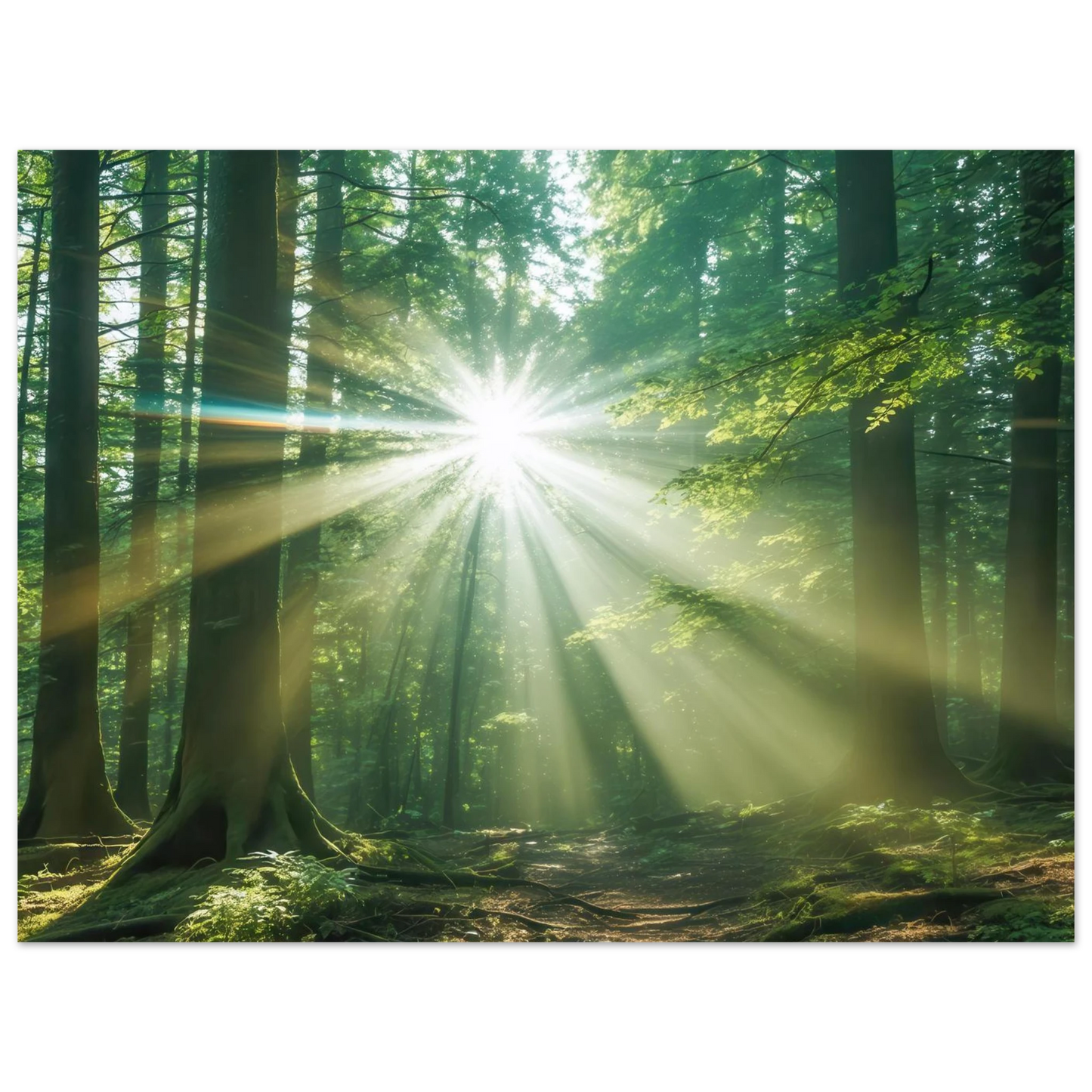 Wandbild sonnenstrahlen im wald mystisches waldlicht kunstdruck in ihrer wunschgroesse