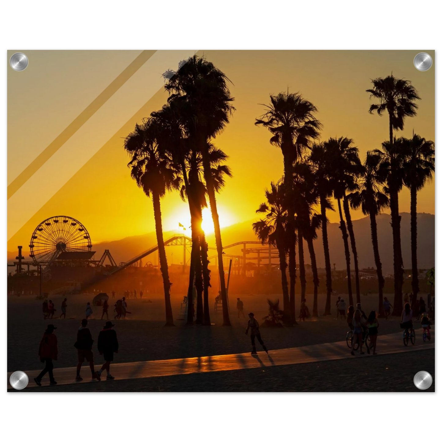 Wandbild sonnenuntergang am santa monica pier kalifornische palmen und riesenrad bei goldenem licht
