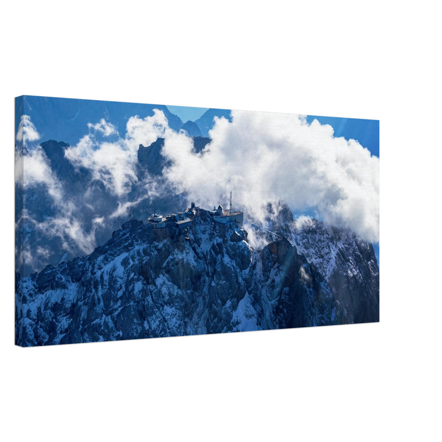Wandbild alpine majesty gipfelstation im wolkenmeer mit blauen bergsilhouetten