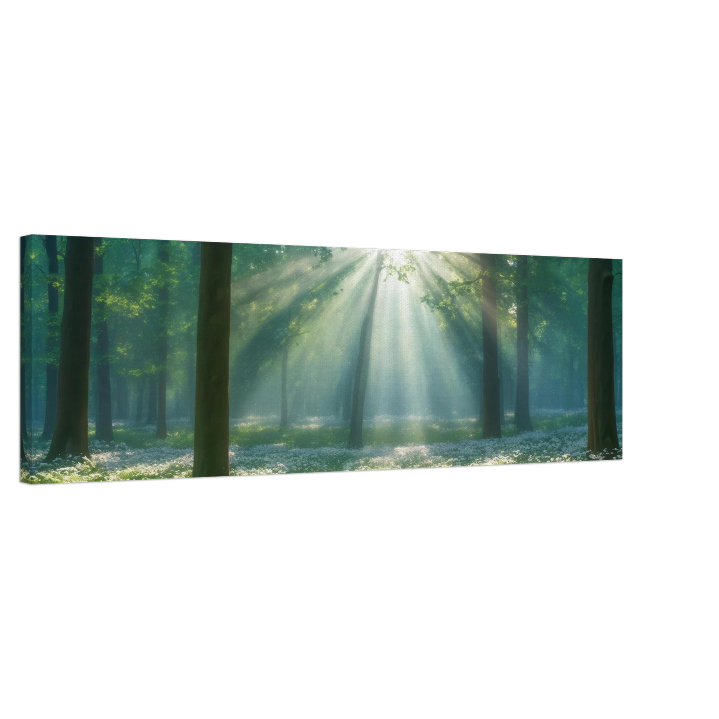 Wandbild mystischer wald sonnenstrahlen im gruenen bluetenmeer