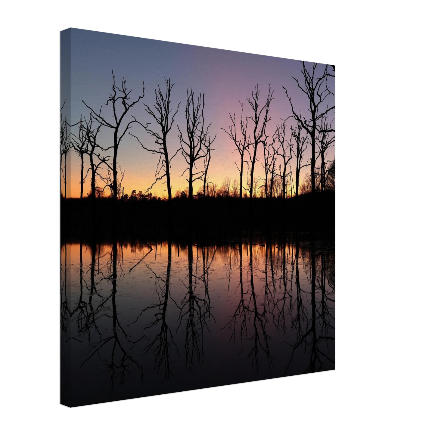 Wandbild sonnenuntergang ueber spiegelndem see magische naturlandschaft mit silhouetten