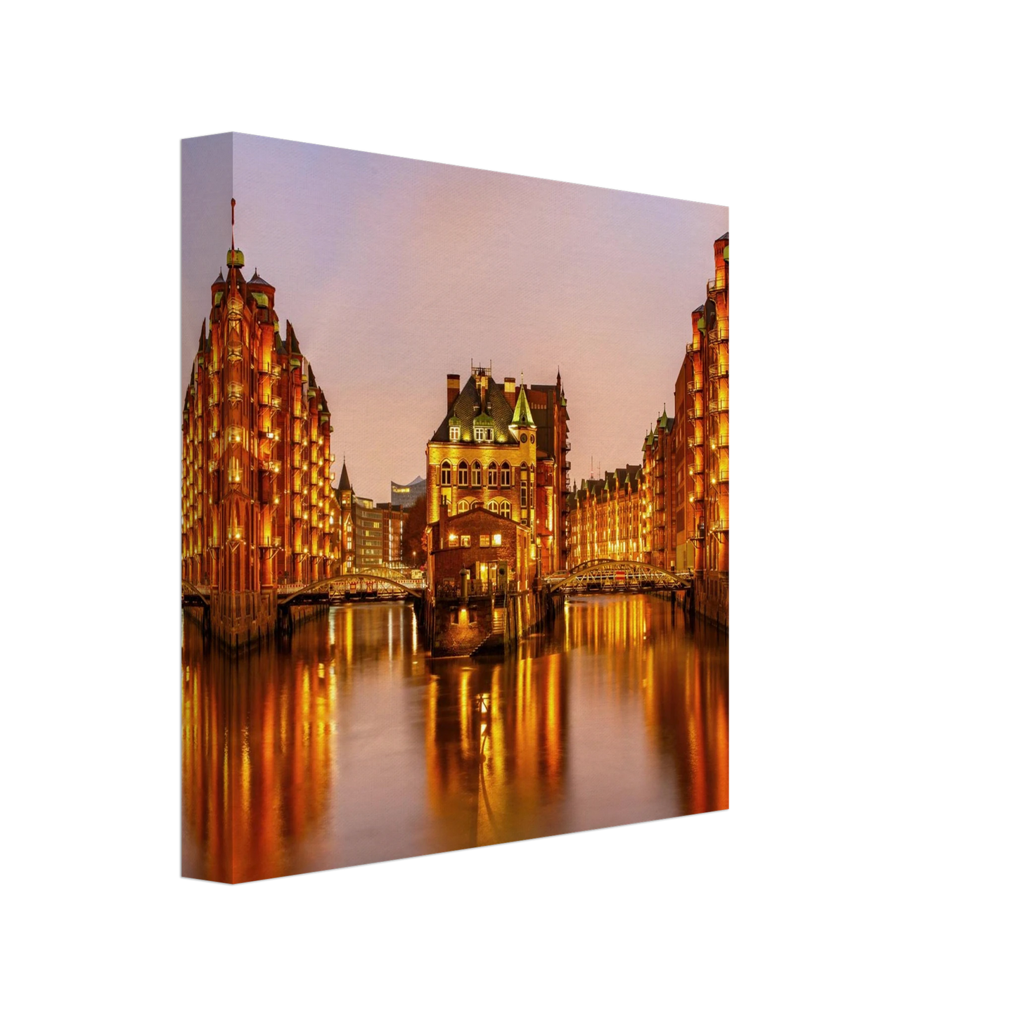 Wandbild speicherstadt hamburg bei daemmerung atmosphaerisches stadtbild als kunstdruck in ihrer wunschgroesse