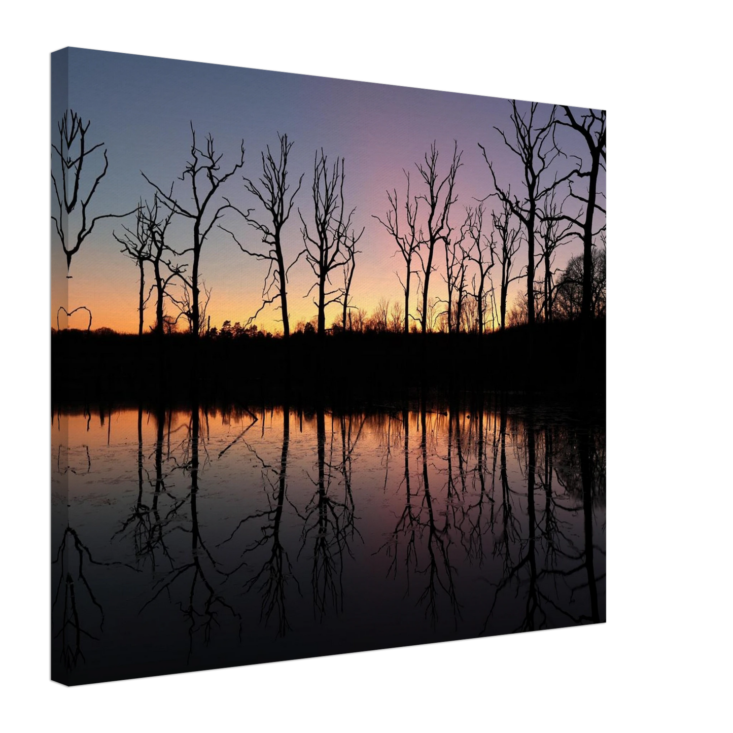Wandbild sonnenuntergang ueber spiegelndem see magische naturlandschaft mit silhouetten