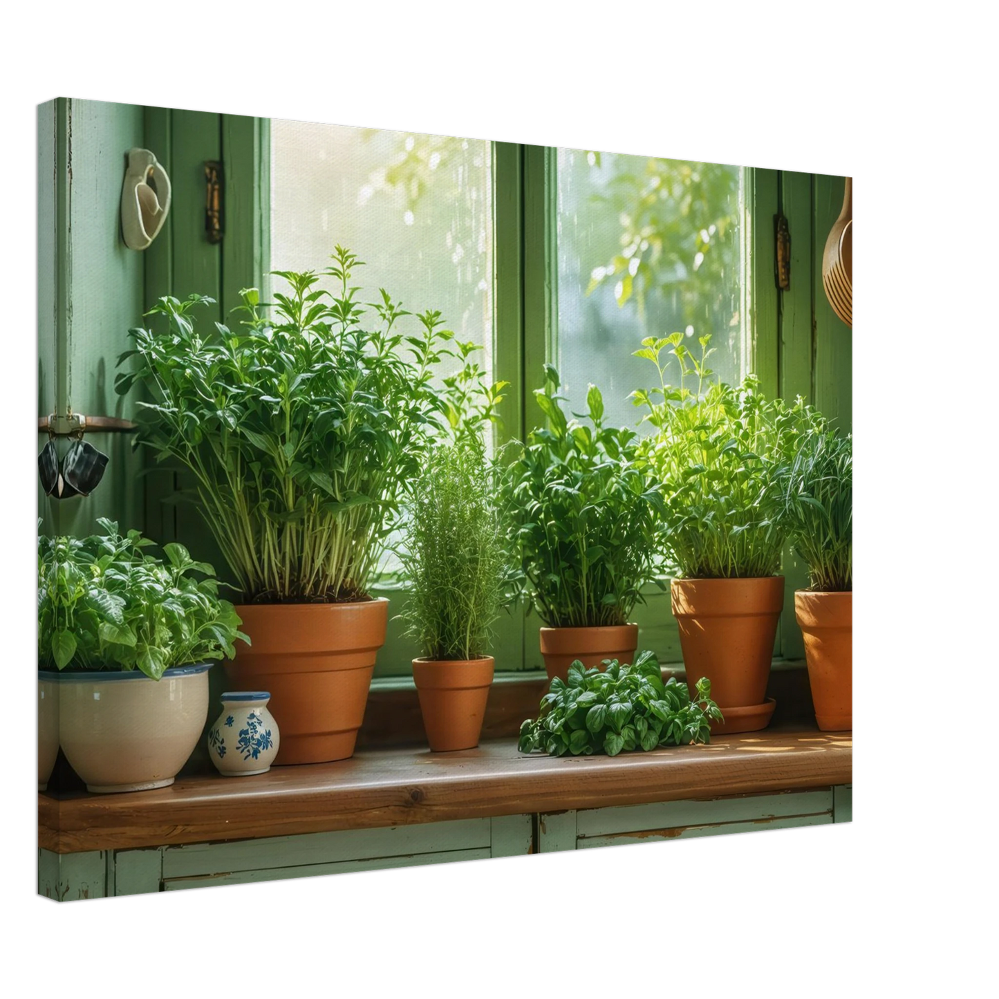 Wandbild mediterrane kraeuter am fenster frische gruen nuancen fuer ihr zuhause in vielen groessen