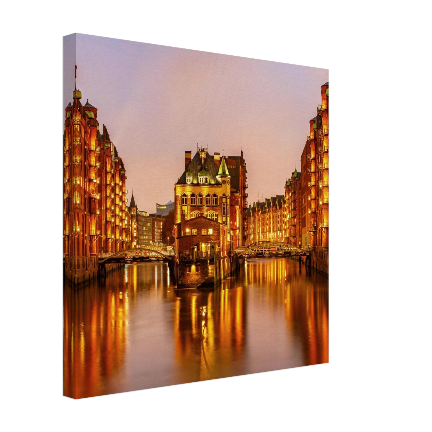Wandbild speicherstadt hamburg bei daemmerung atmosphaerisches stadtbild als kunstdruck in ihrer wunschgroesse
