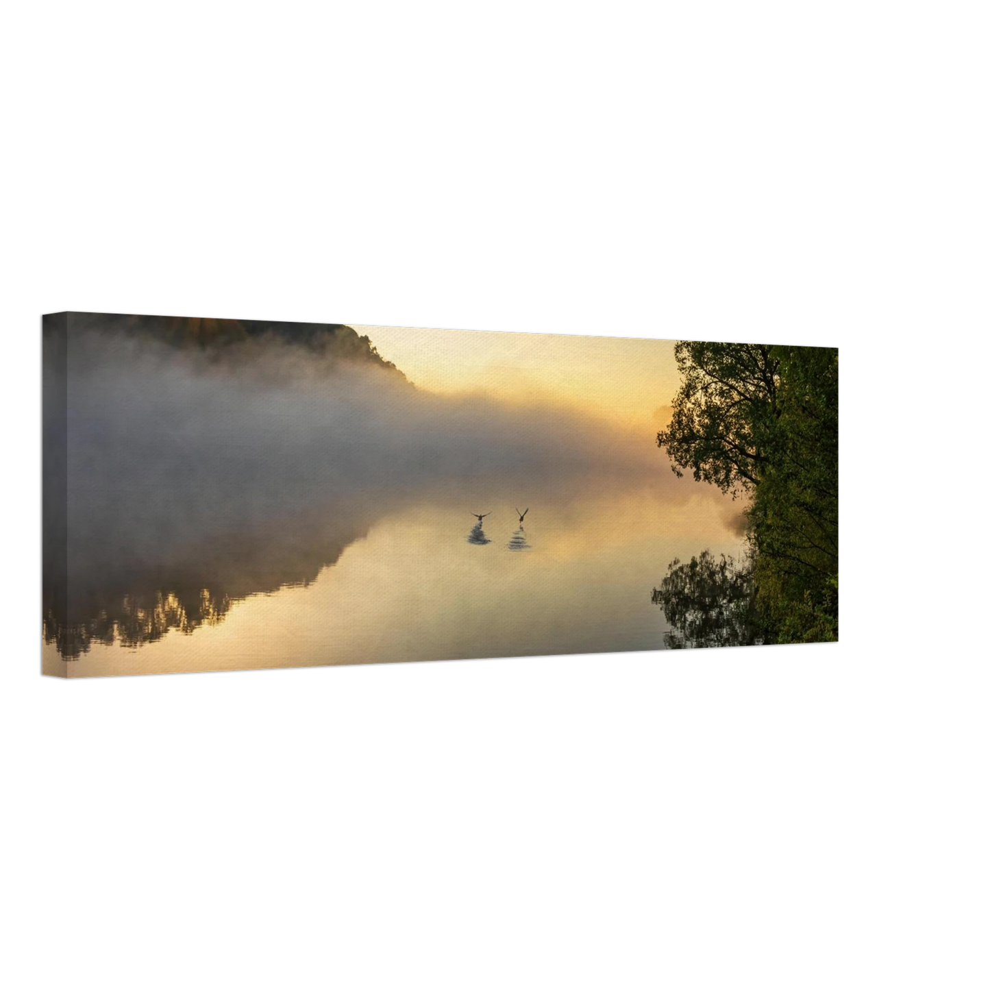 Wandbild mystischer sonnenaufgang ueber dem nebelmeer stille wasser voegel leinwandbild fuer ihr zuhause
