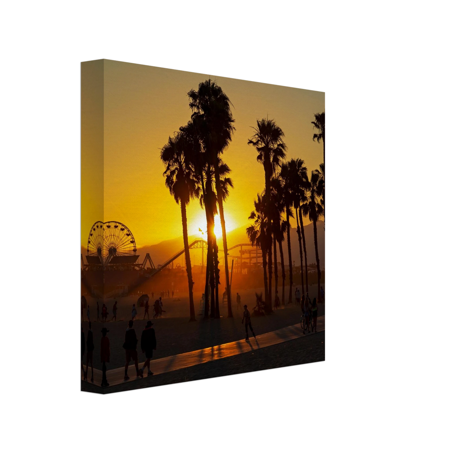 Wandbild sonnenuntergang am santa monica pier kalifornische palmen und riesenrad bei goldenem licht