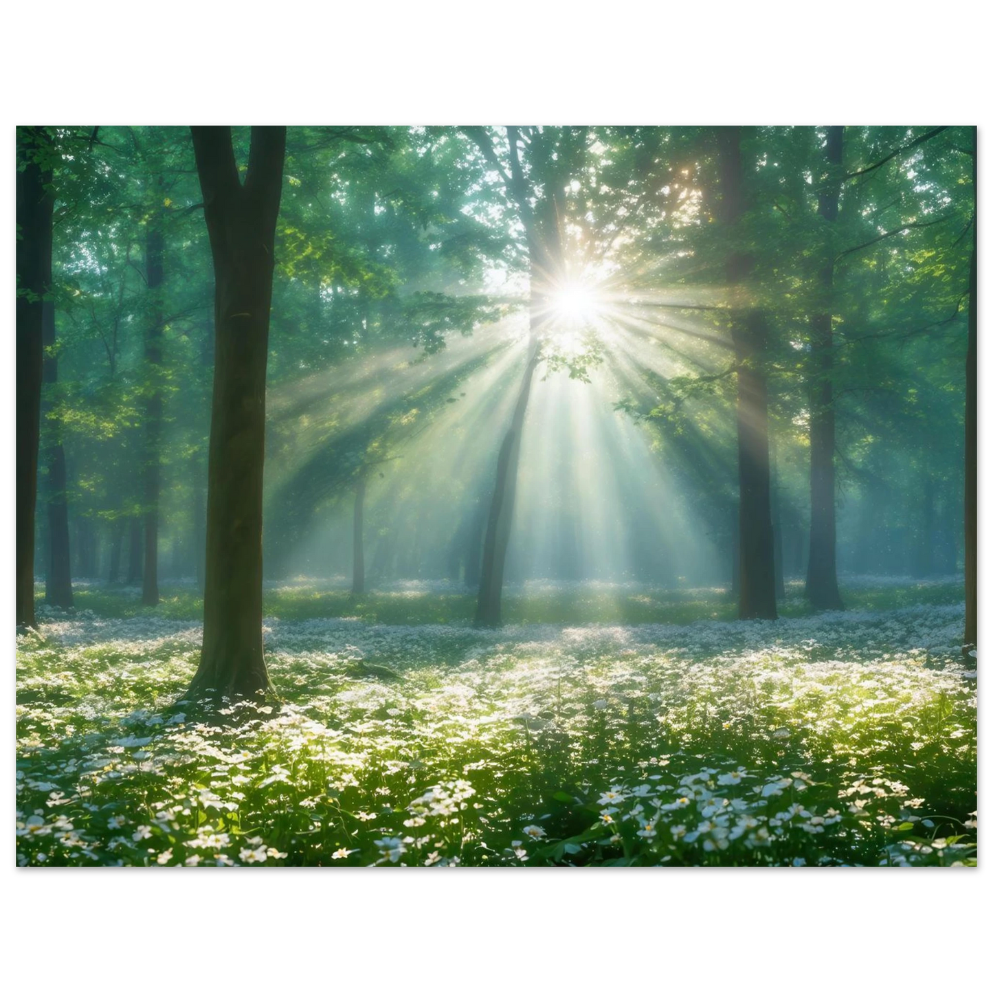 Wandbild mystischer wald sonnenstrahlen im gruenen bluetenmeer