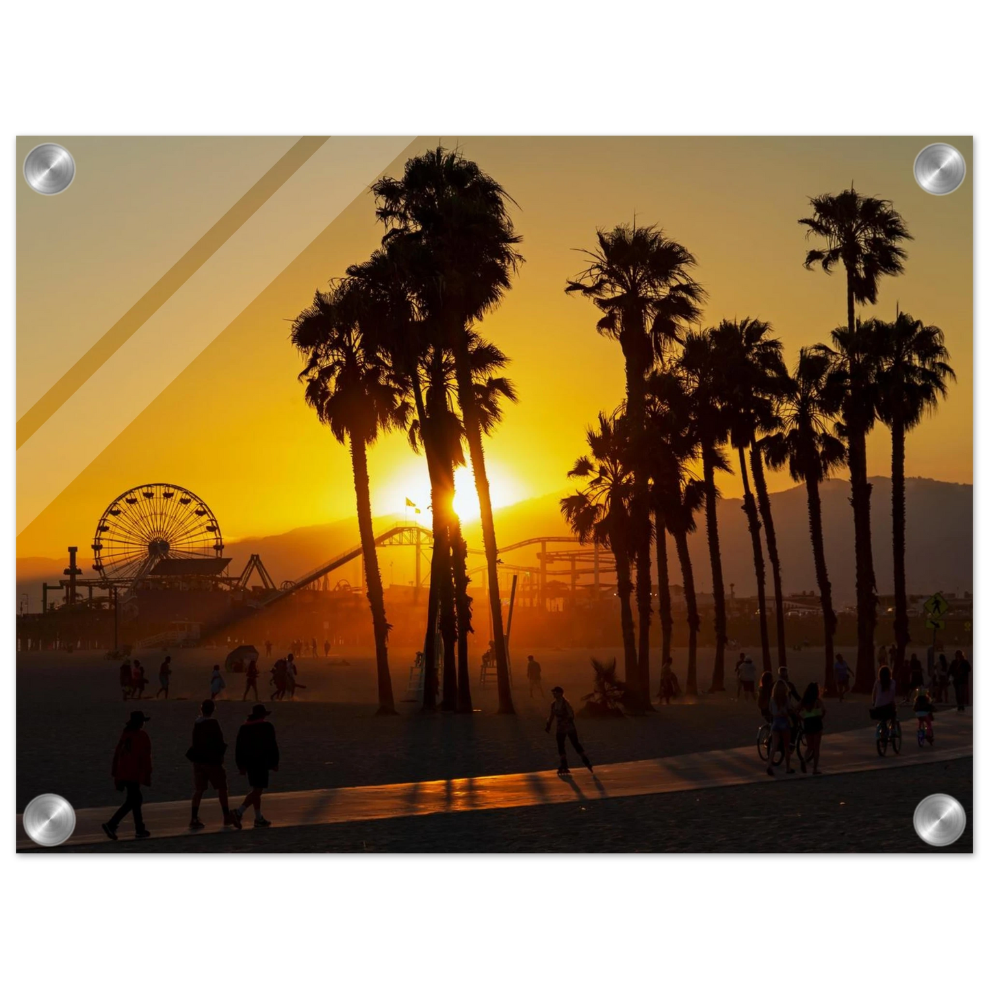 Wandbild sonnenuntergang am santa monica pier kalifornische palmen und riesenrad bei goldenem licht