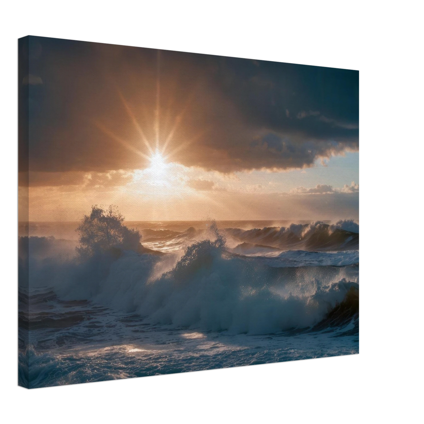 Wandbild dramatischer sonnenuntergang ueber stuermischen wellen ozean leinwanddruck in ihrer wunschgroesse