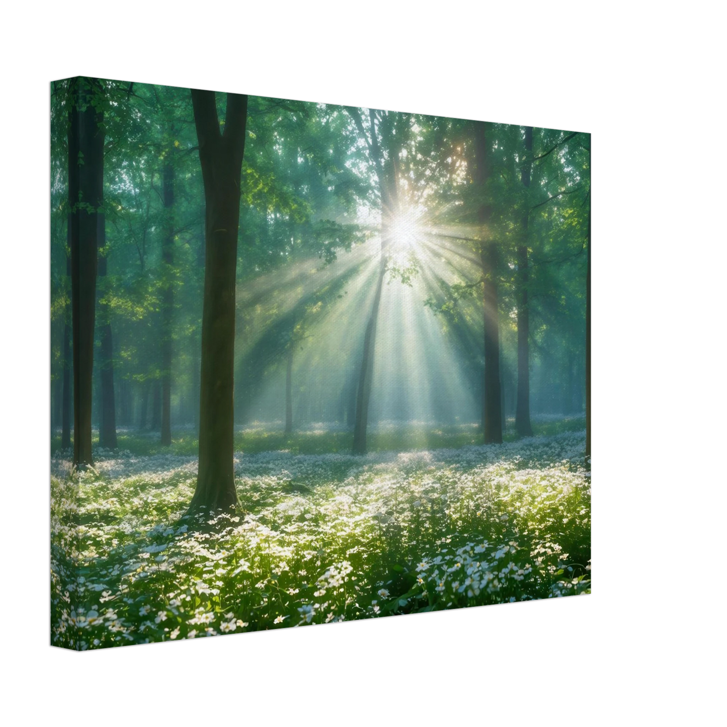 Wandbild mystischer wald sonnenstrahlen im gruenen bluetenmeer