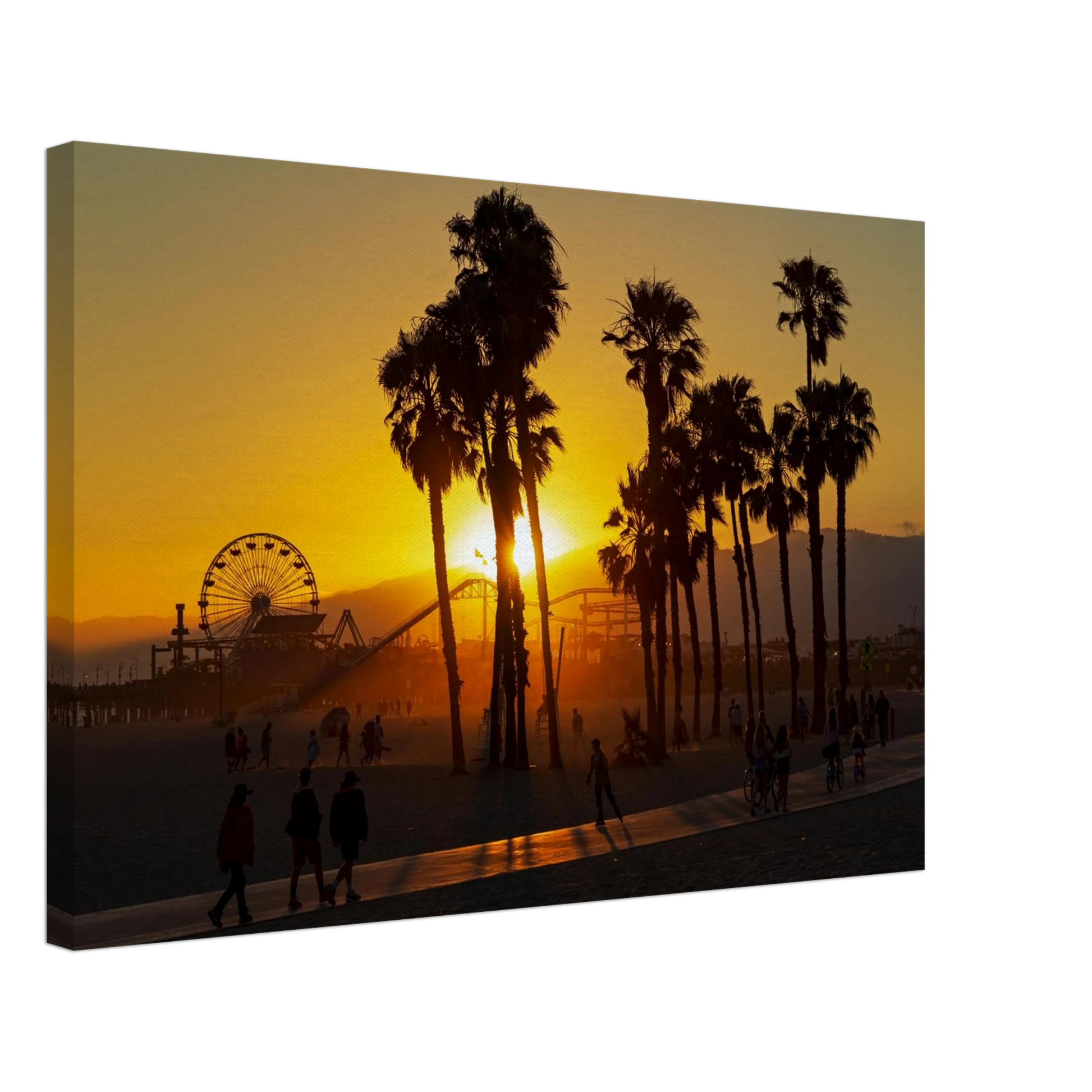 Wandbild sonnenuntergang am santa monica pier kalifornische palmen und riesenrad bei goldenem licht