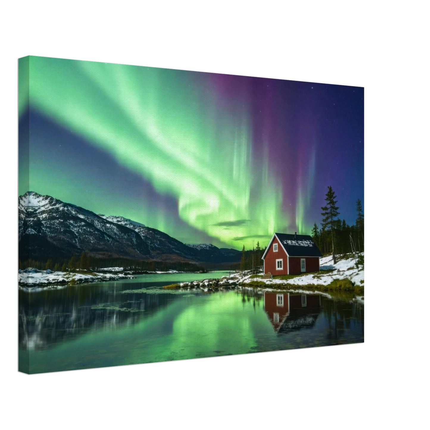Wandbild nordlichter gemuetliche huette majestaetisches kunstwerk in lebendigen gruentoenen