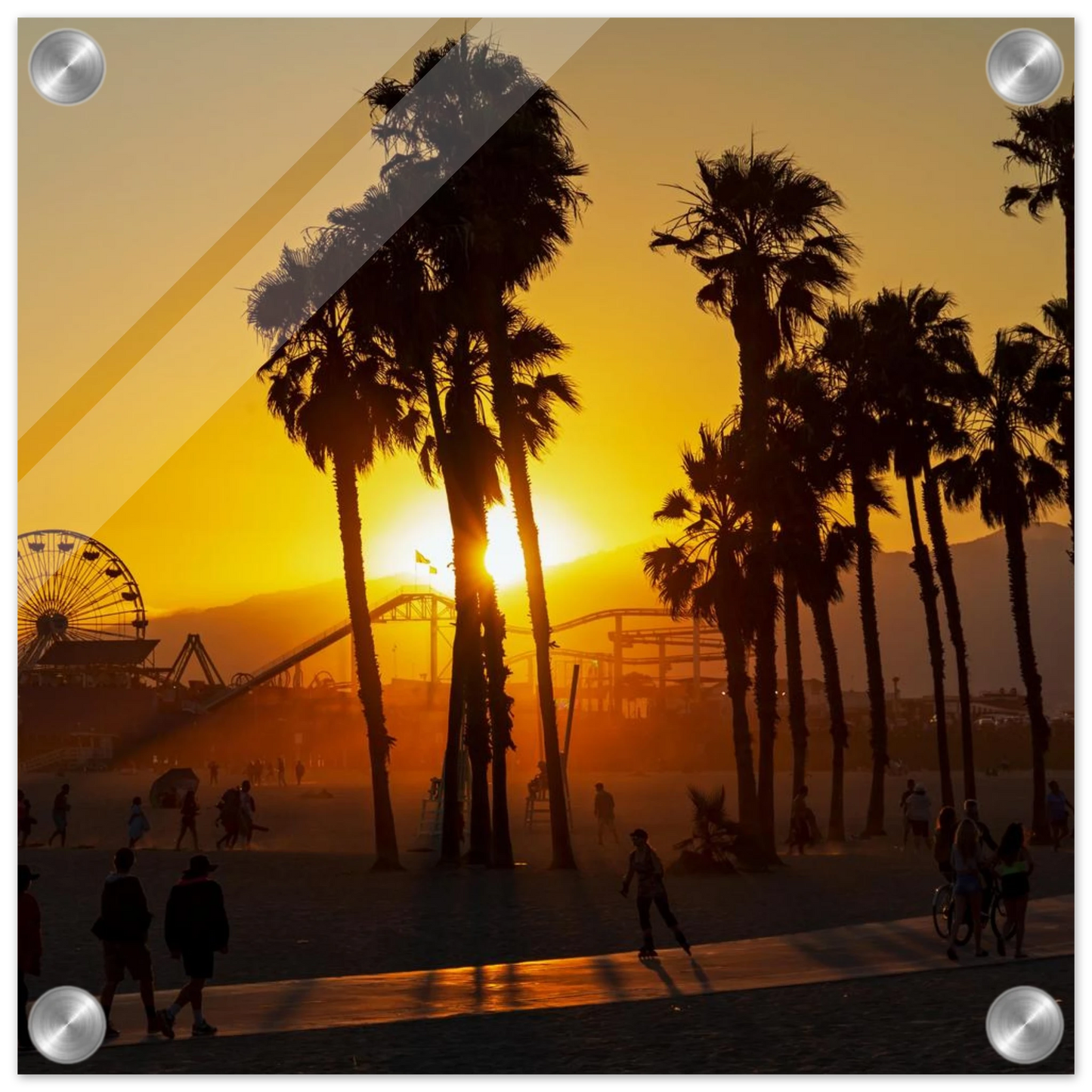 Wandbild sonnenuntergang am santa monica pier kalifornische palmen und riesenrad bei goldenem licht