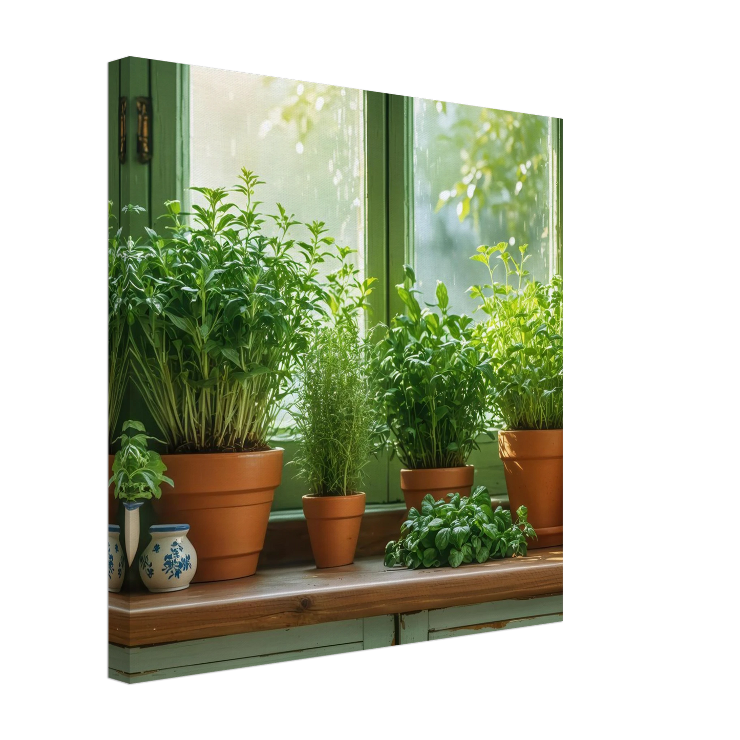 Wandbild mediterrane kraeuter am fenster frische gruen nuancen fuer ihr zuhause in vielen groessen