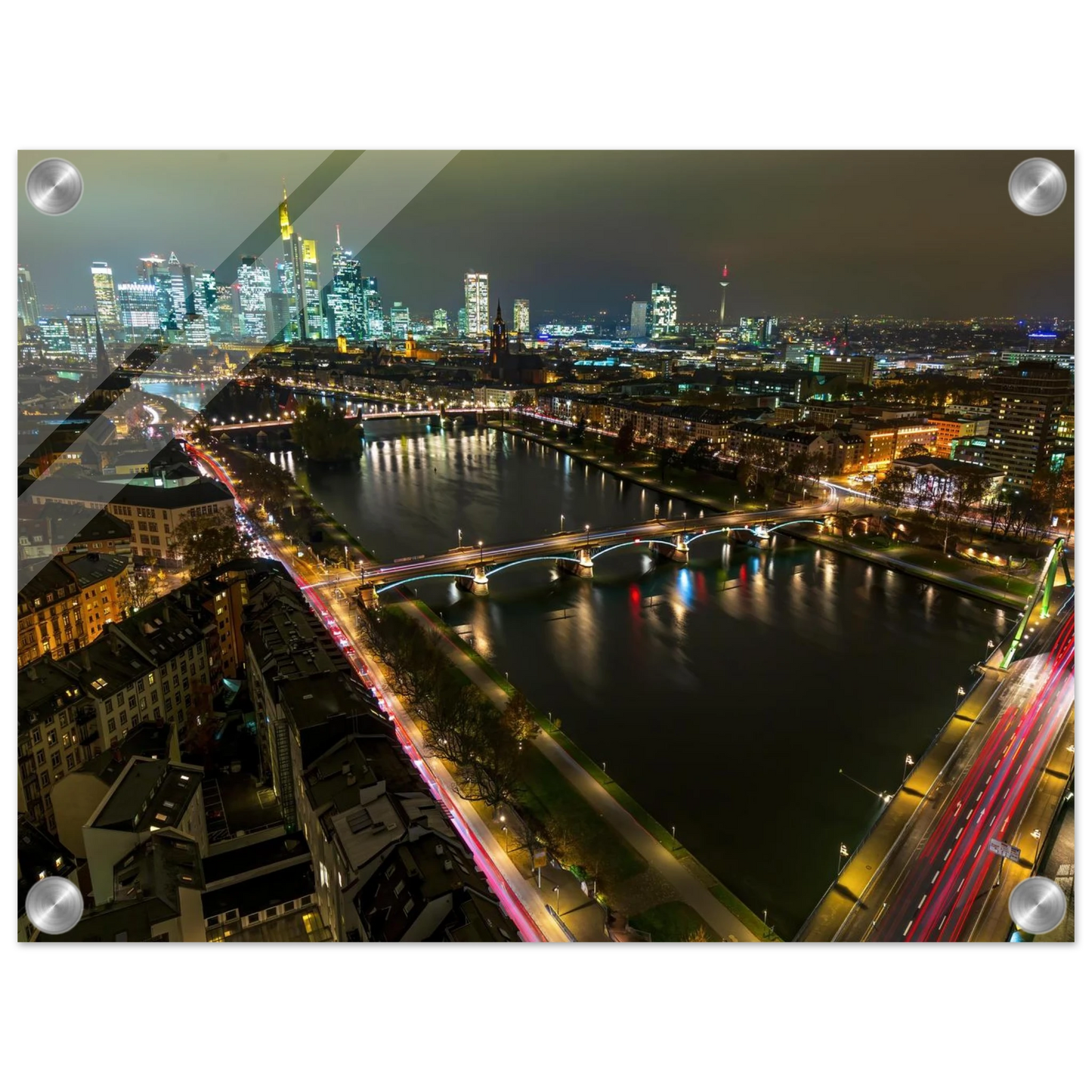 Wandbild frankfurt bei nacht pulsierende stadtansicht mit lichtspuren