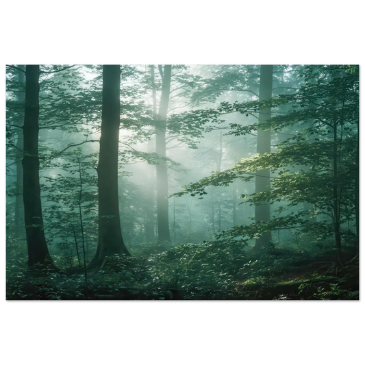 Wandbild mystischer smaragd wald mit sonnenstrahlen beruhigende nebelwald kunst in ihrer wunschgroesse