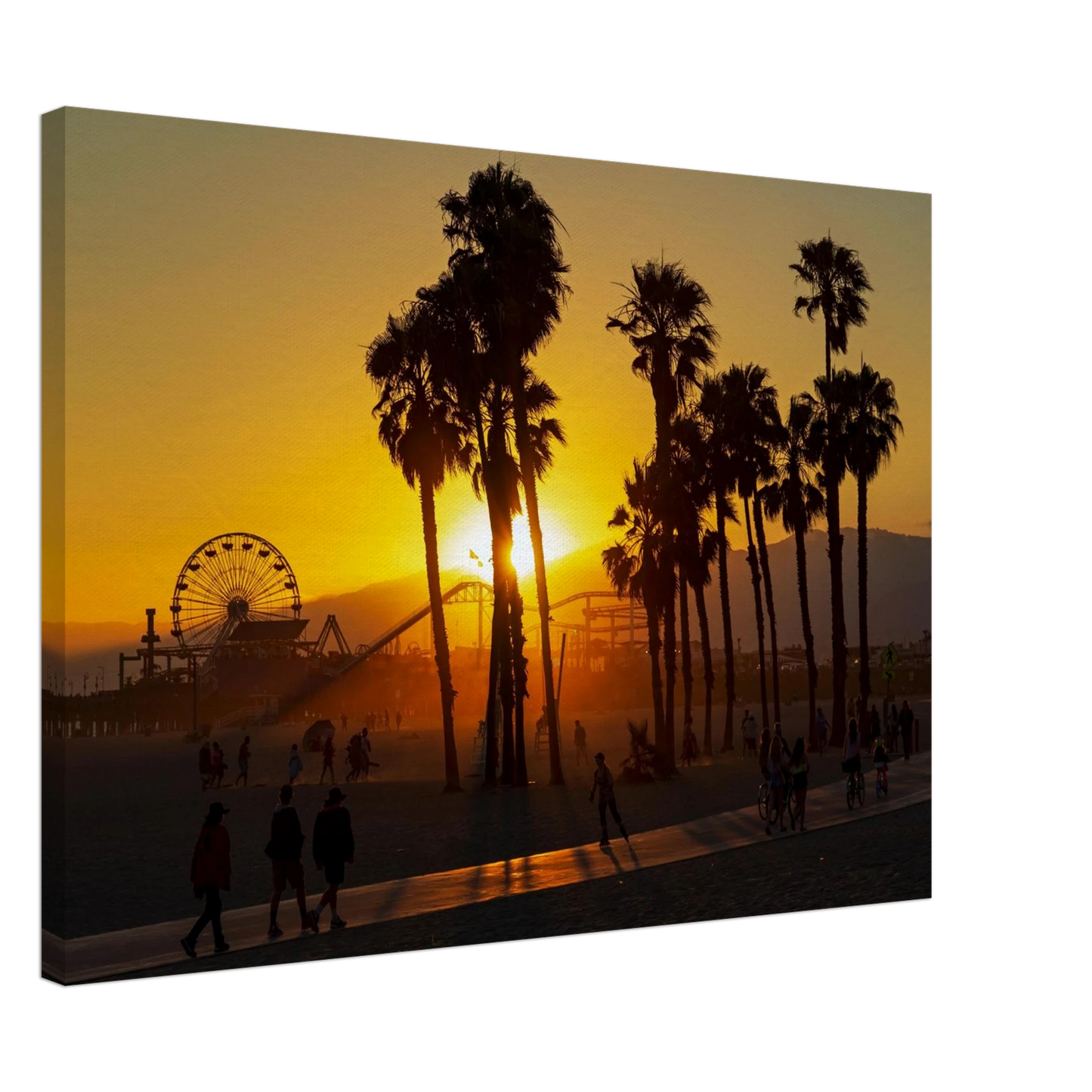 Wandbild sonnenuntergang am santa monica pier kalifornische palmen und riesenrad bei goldenem licht