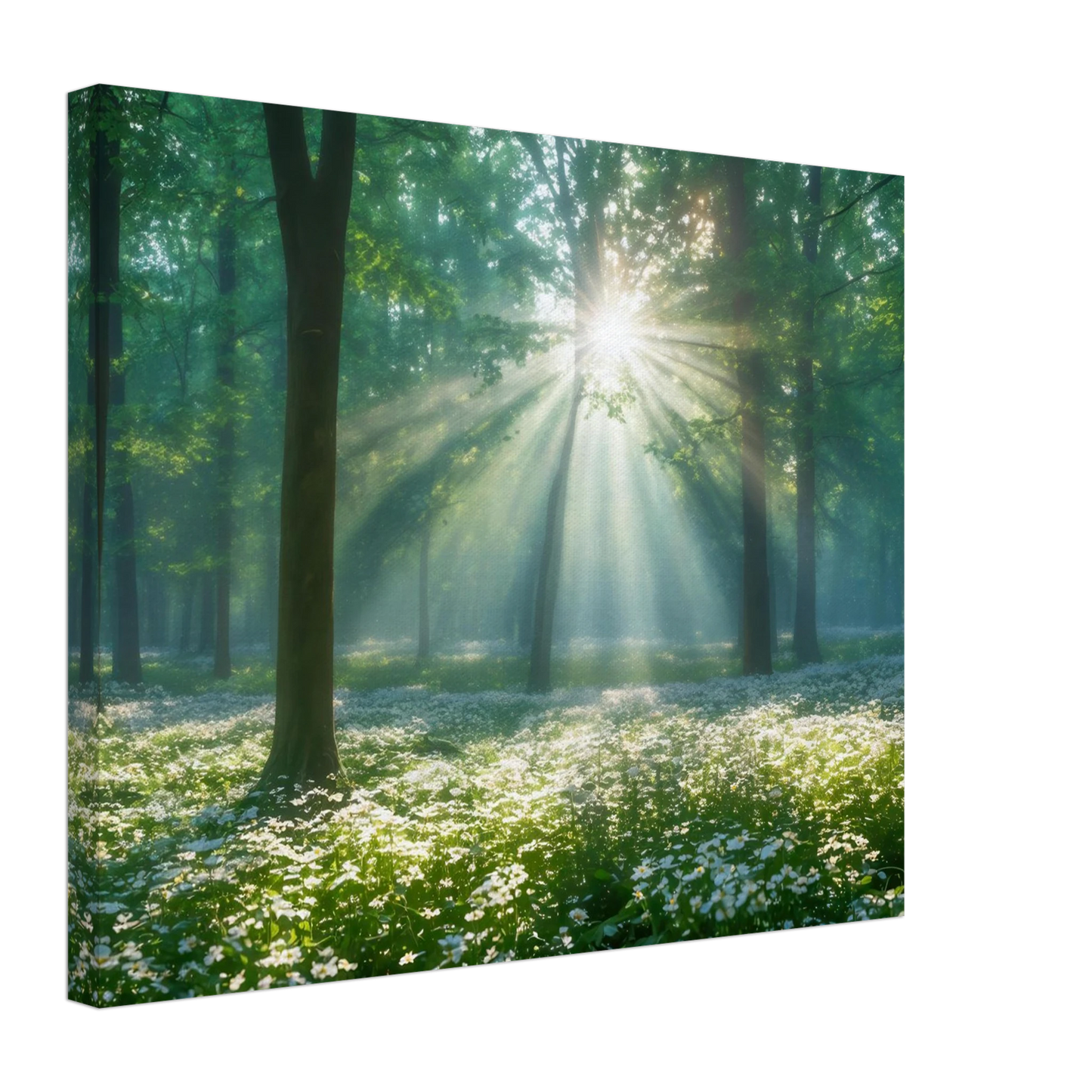 Wandbild mystischer wald sonnenstrahlen im gruenen bluetenmeer