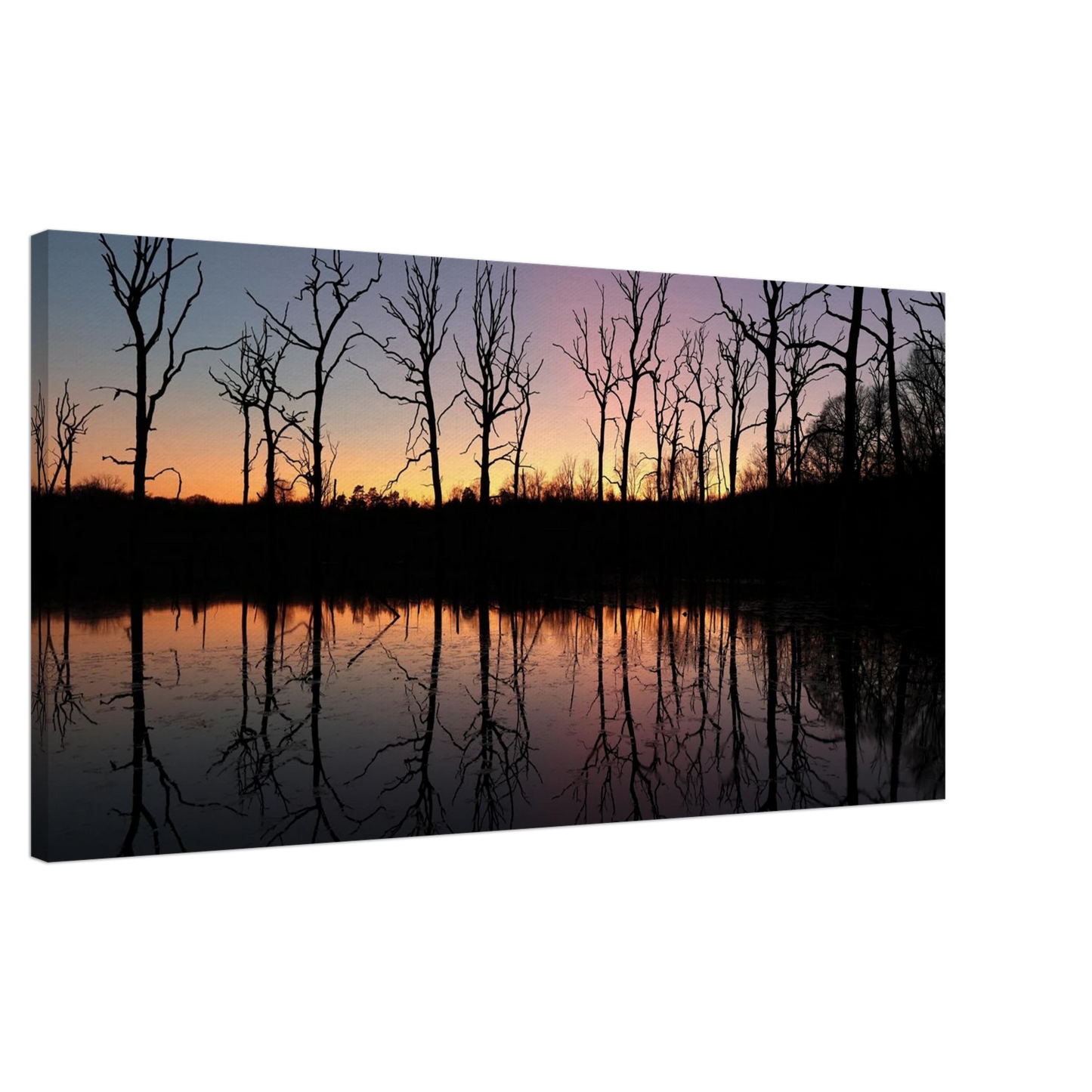 Wandbild sonnenuntergang ueber spiegelndem see magische naturlandschaft mit silhouetten